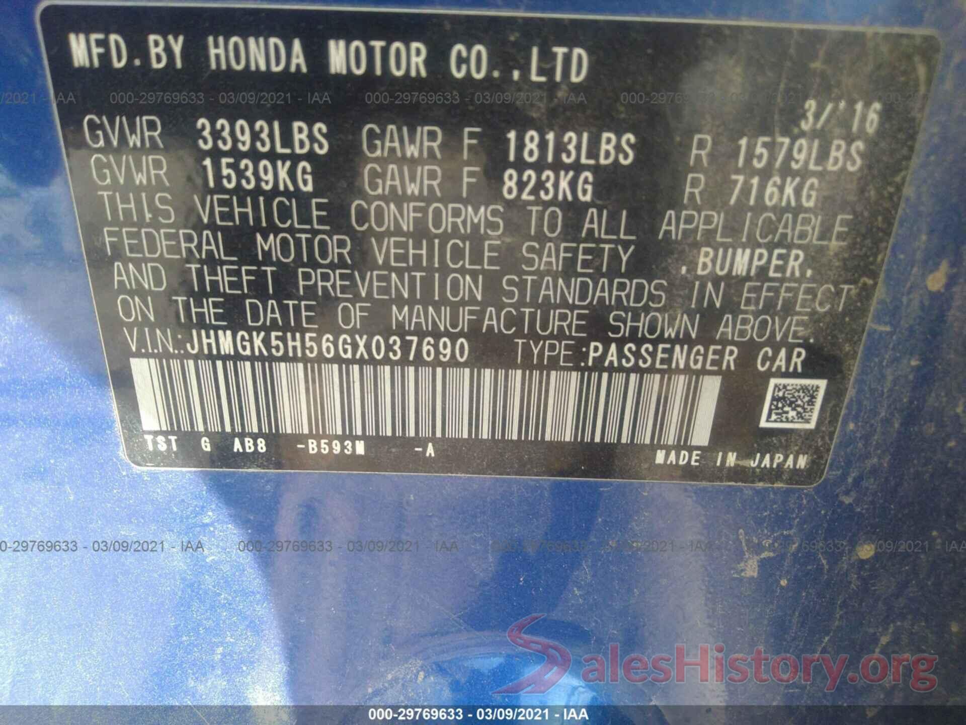 JHMGK5H56GX037690 2016 HONDA FIT