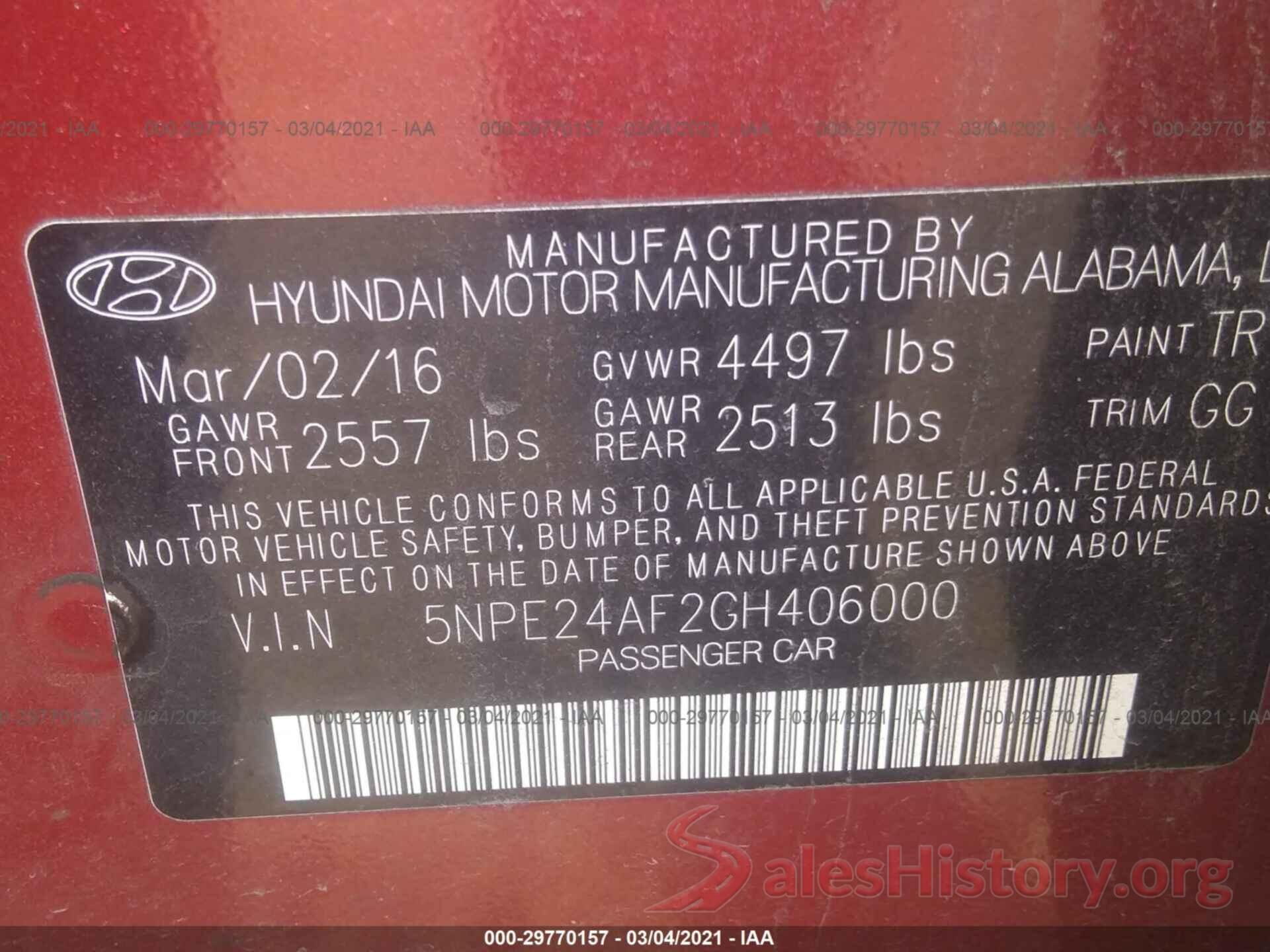 5NPE24AF2GH406000 2016 HYUNDAI SONATA