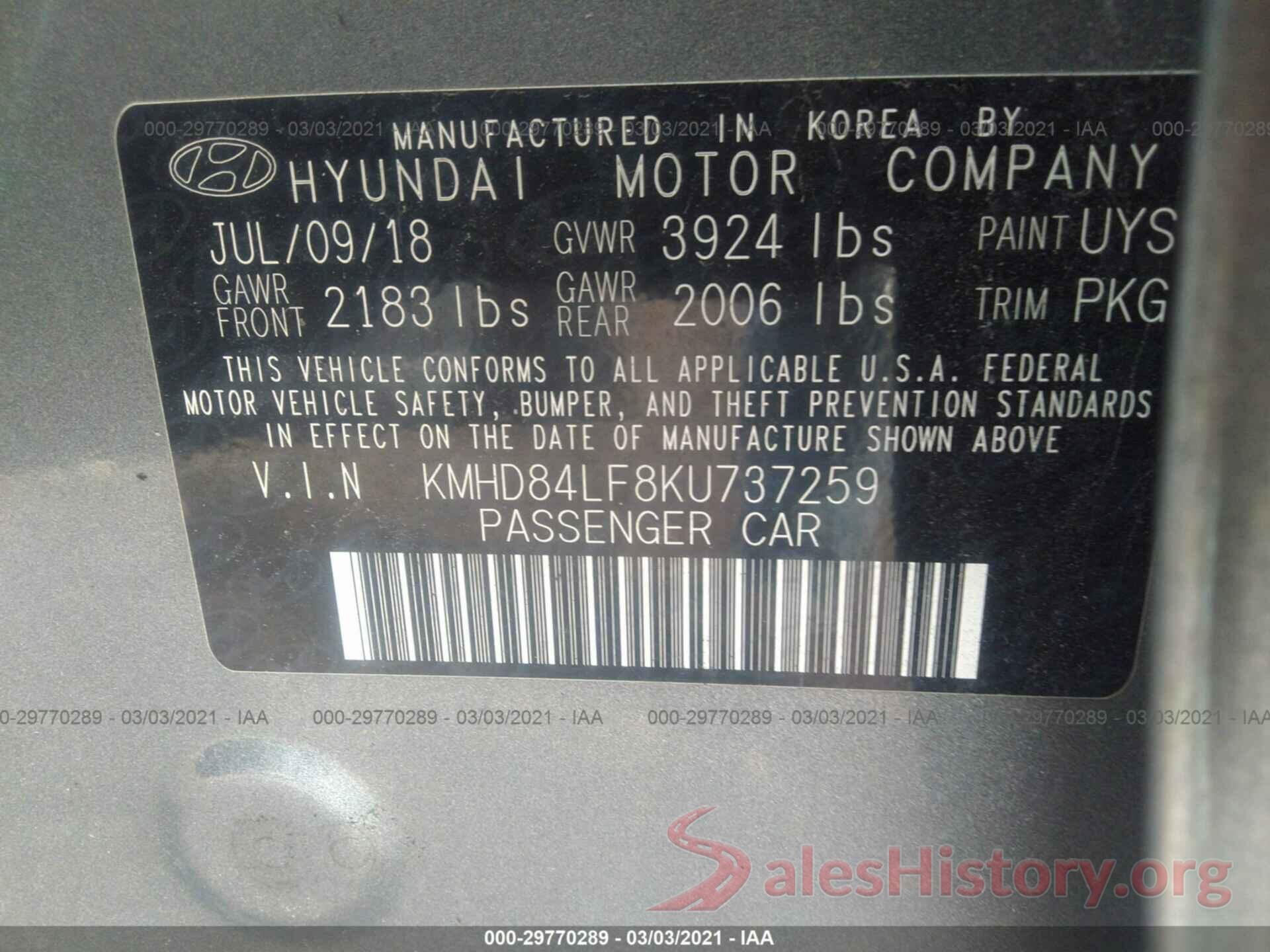 KMHD84LF8KU737259 2019 HYUNDAI ELANTRA