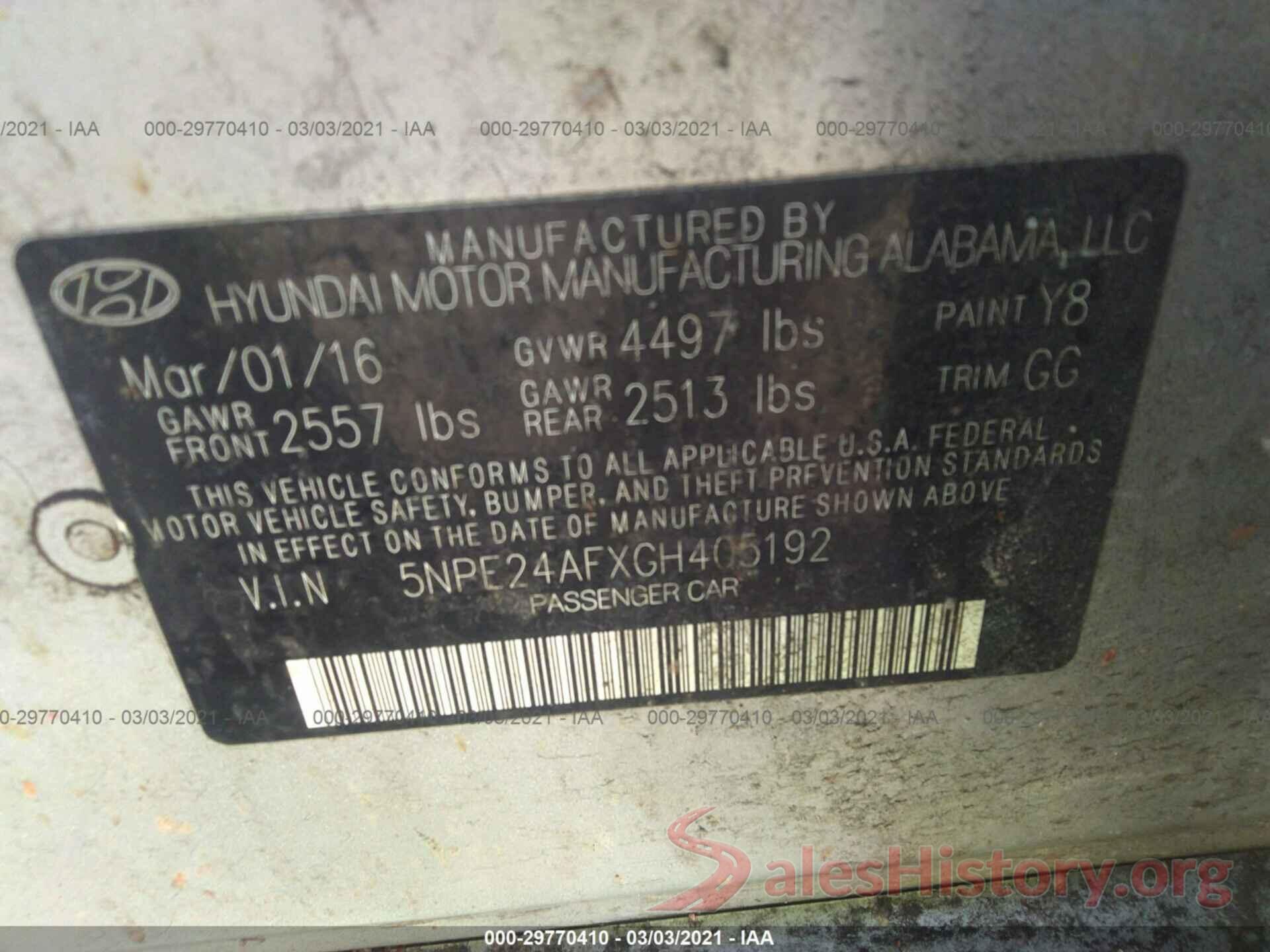 5NPE24AFXGH405192 2016 HYUNDAI SONATA