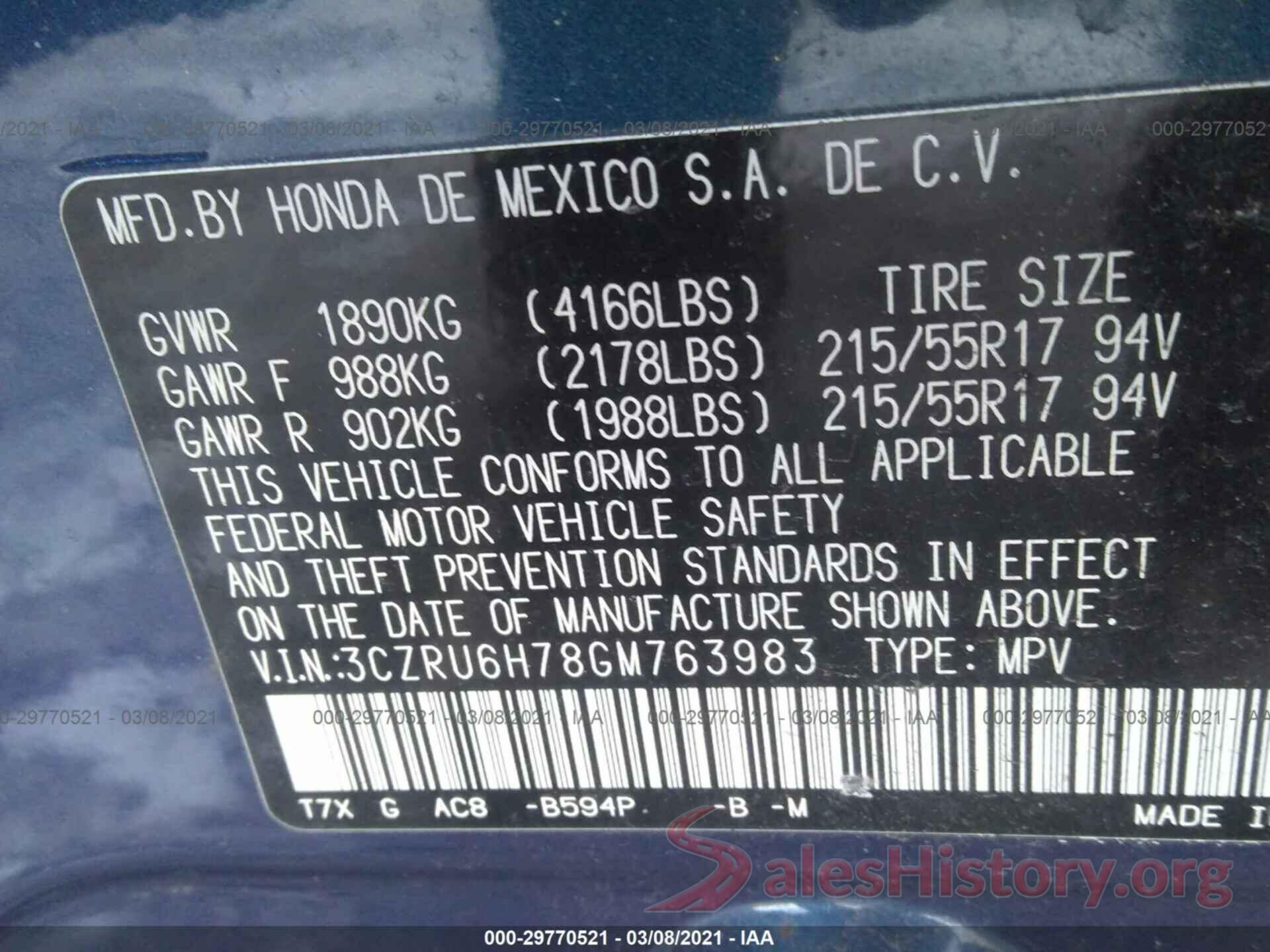 3CZRU6H78GM763983 2016 HONDA HR-V