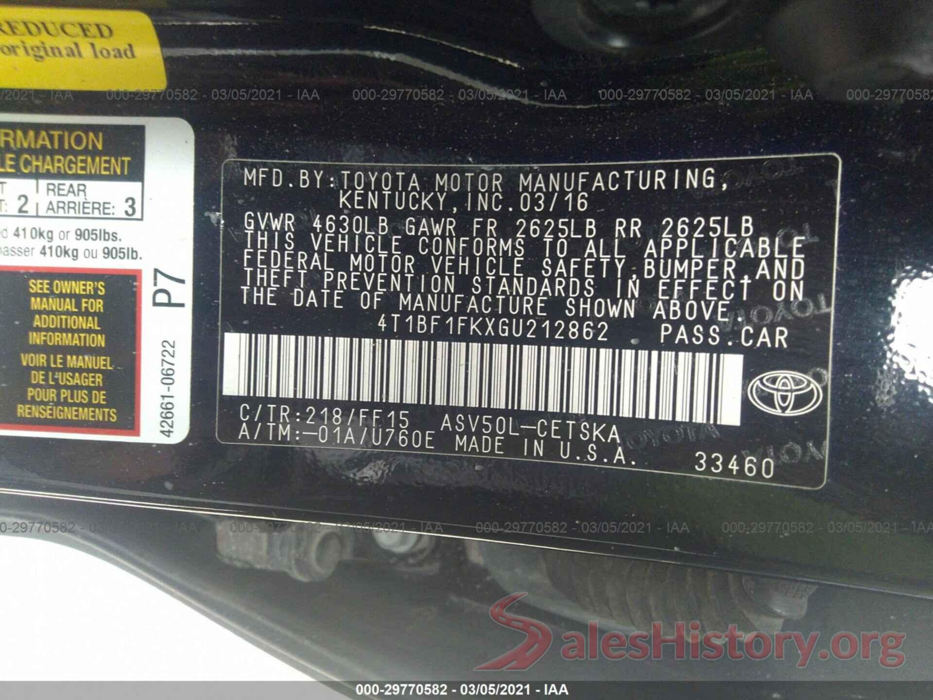 4T1BF1FKXGU212862 2016 TOYOTA CAMRY