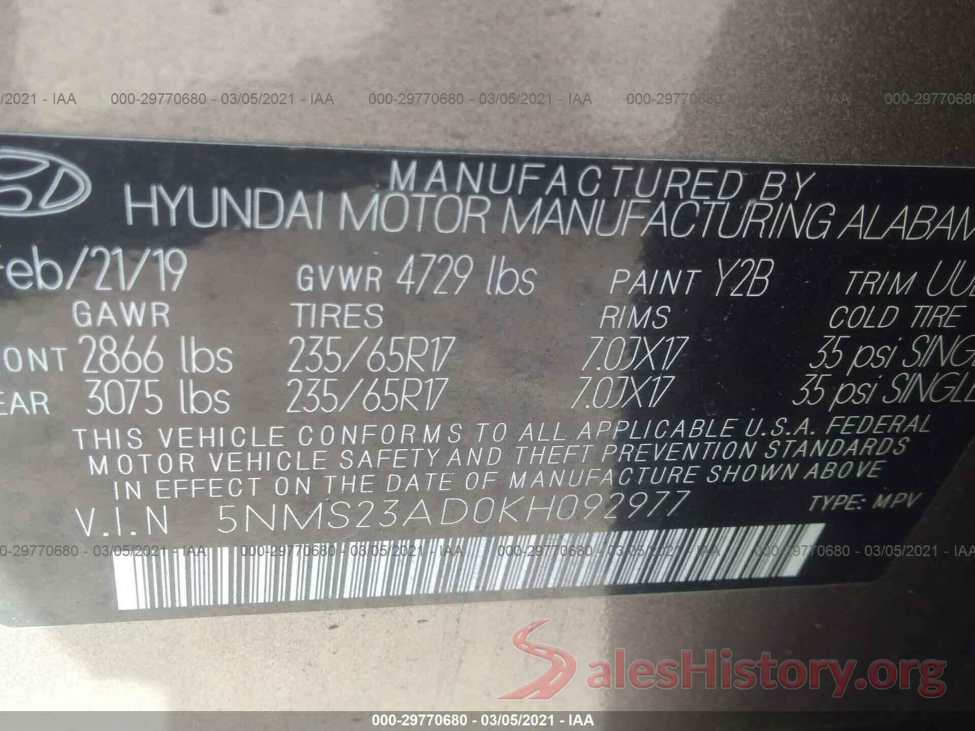 5NMS23AD0KH092977 2019 HYUNDAI SANTA FE