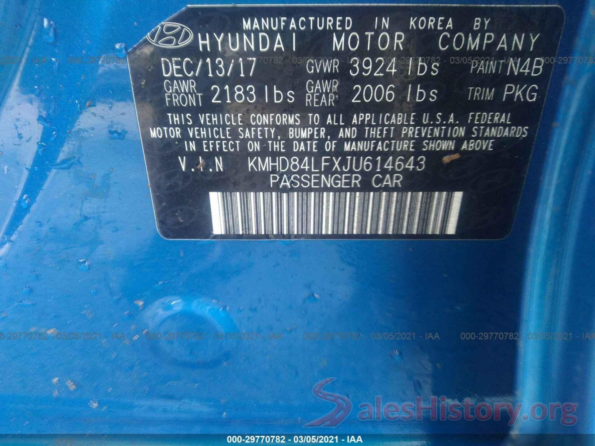 KMHD84LFXJU614643 2018 HYUNDAI ELANTRA