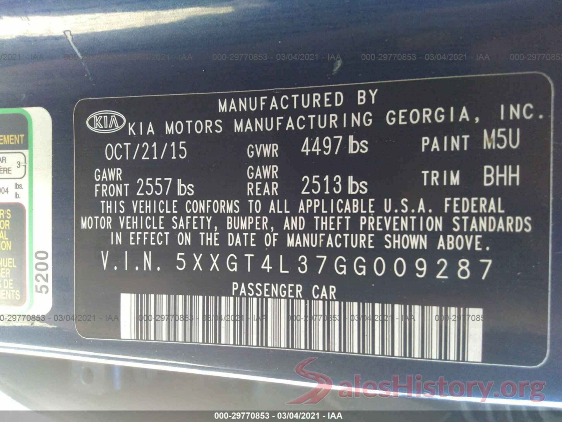 5XXGT4L37GG009287 2016 KIA OPTIMA