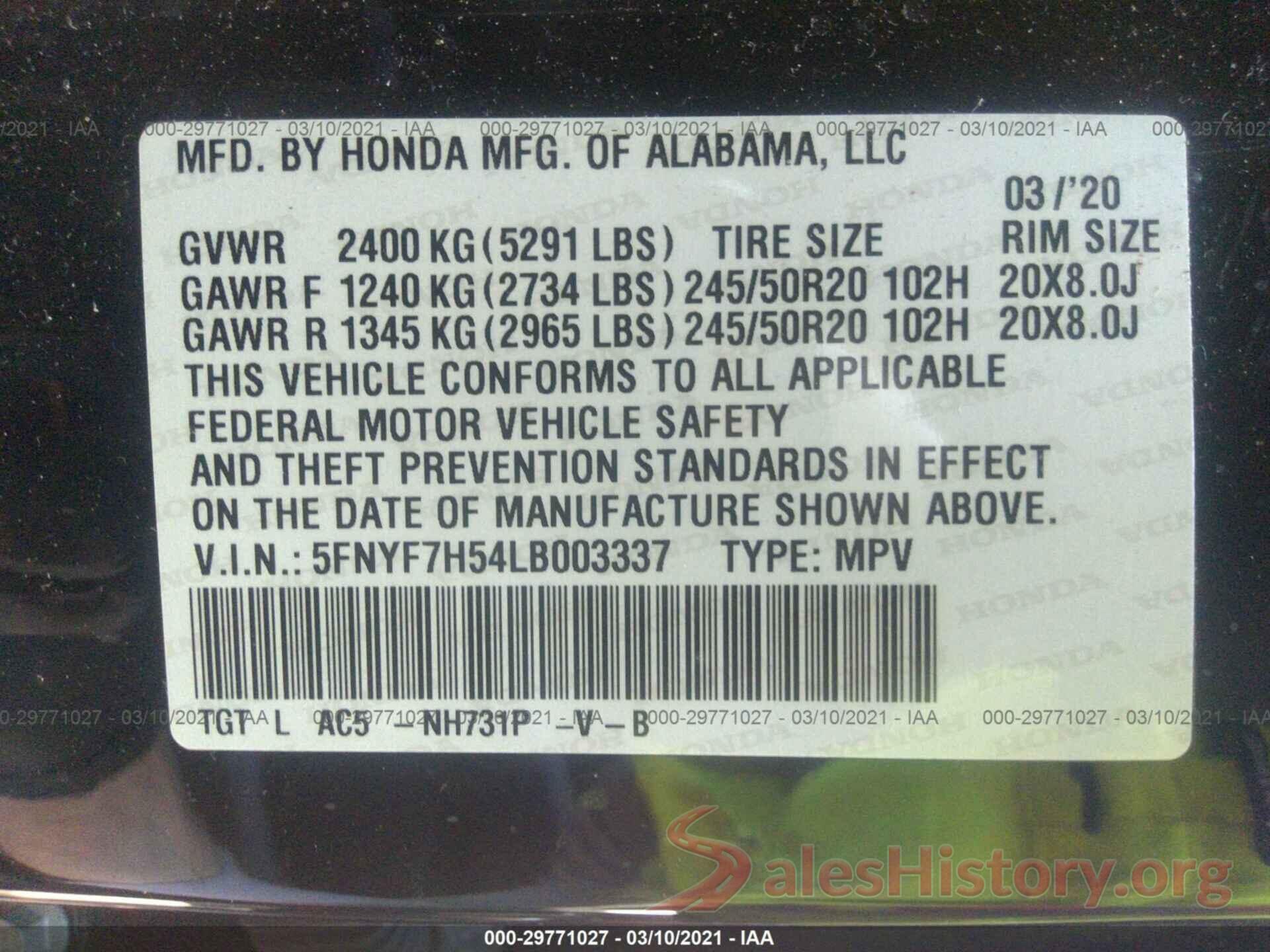 5FNYF7H54LB003337 2020 HONDA PASSPORT