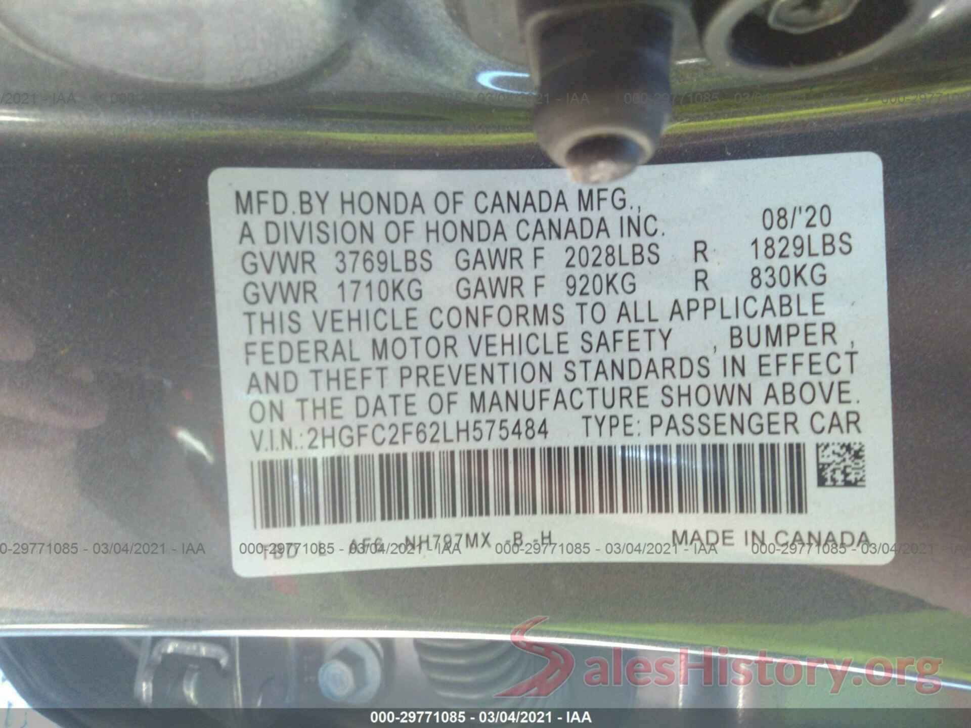 2HGFC2F62LH575484 2020 HONDA CIVIC SEDAN