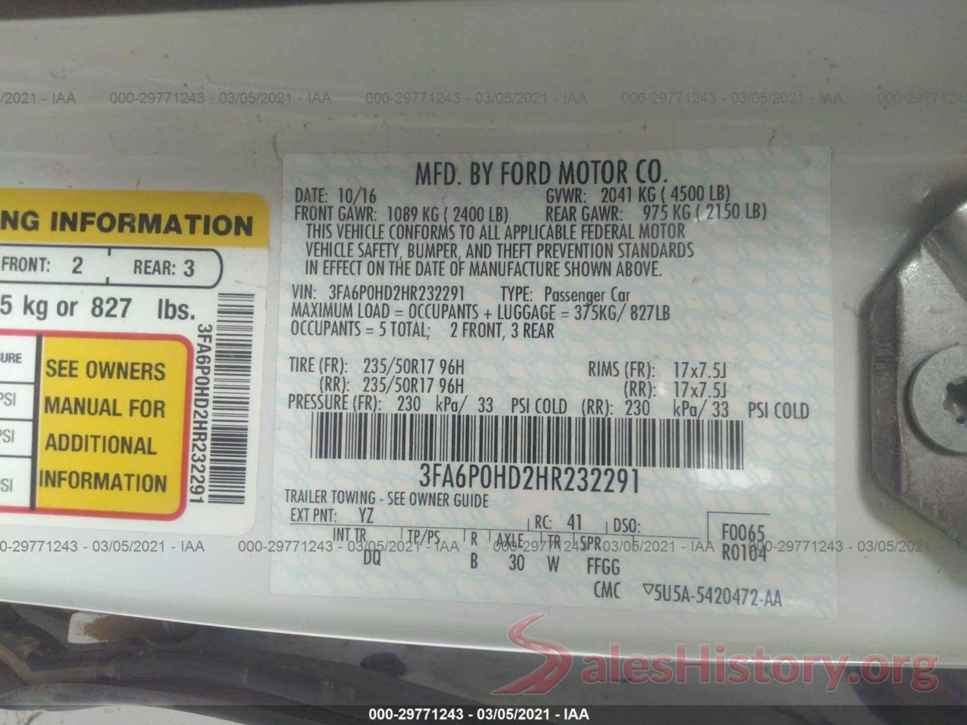 3FA6P0HD2HR232291 2017 FORD FUSION