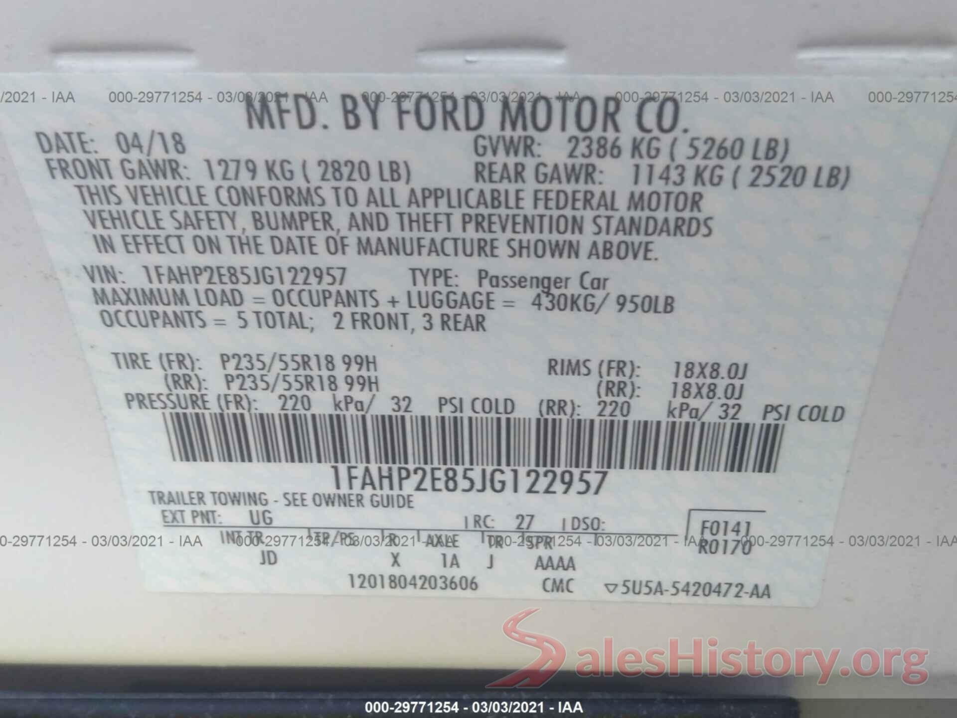 1FAHP2E85JG122957 2018 FORD TAURUS