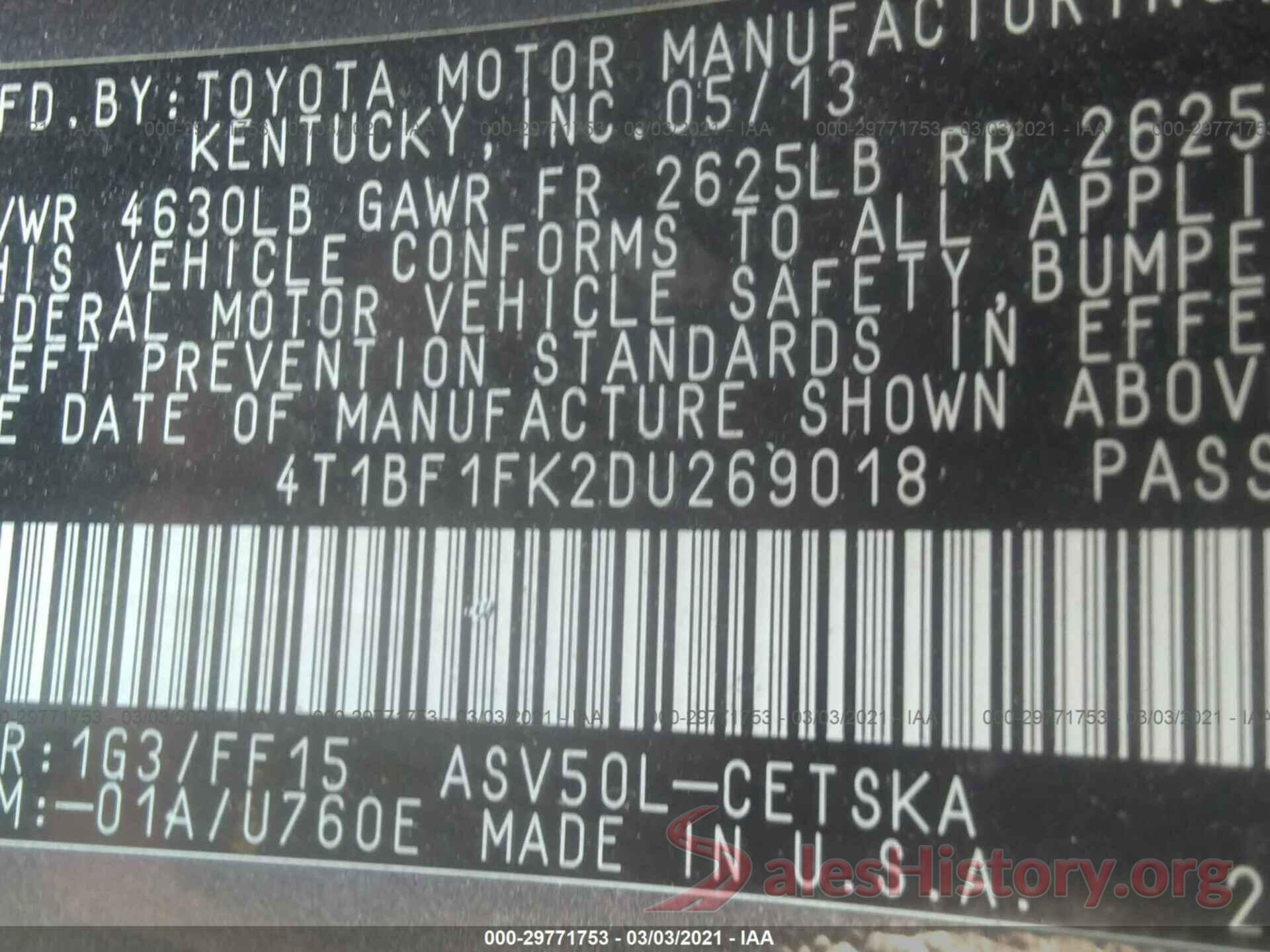 4T1BF1FK2DU269018 2013 TOYOTA CAMRY