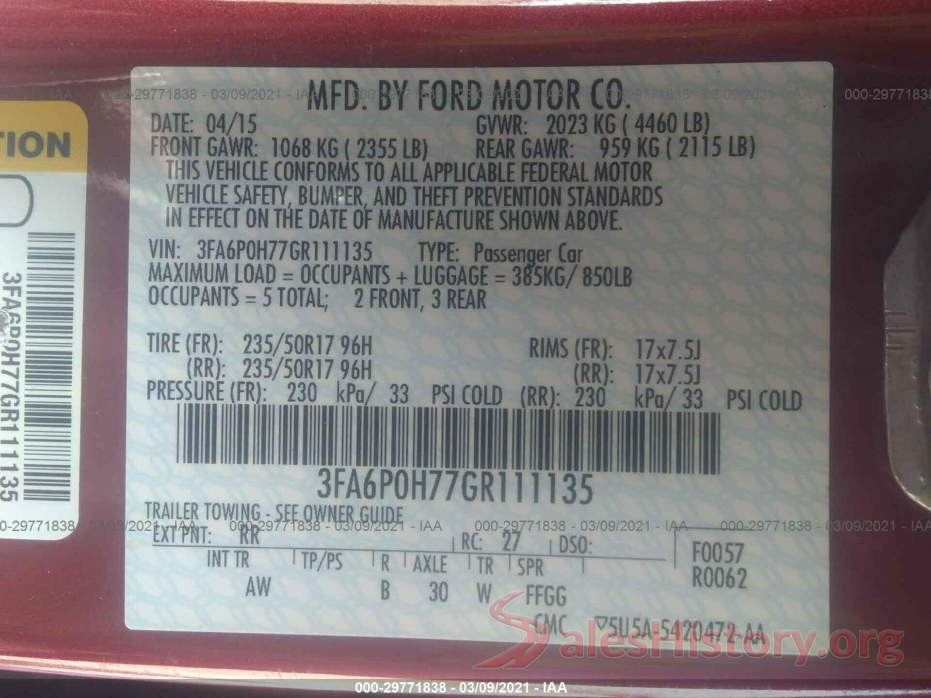 3FA6P0H77GR111135 2016 FORD FUSION