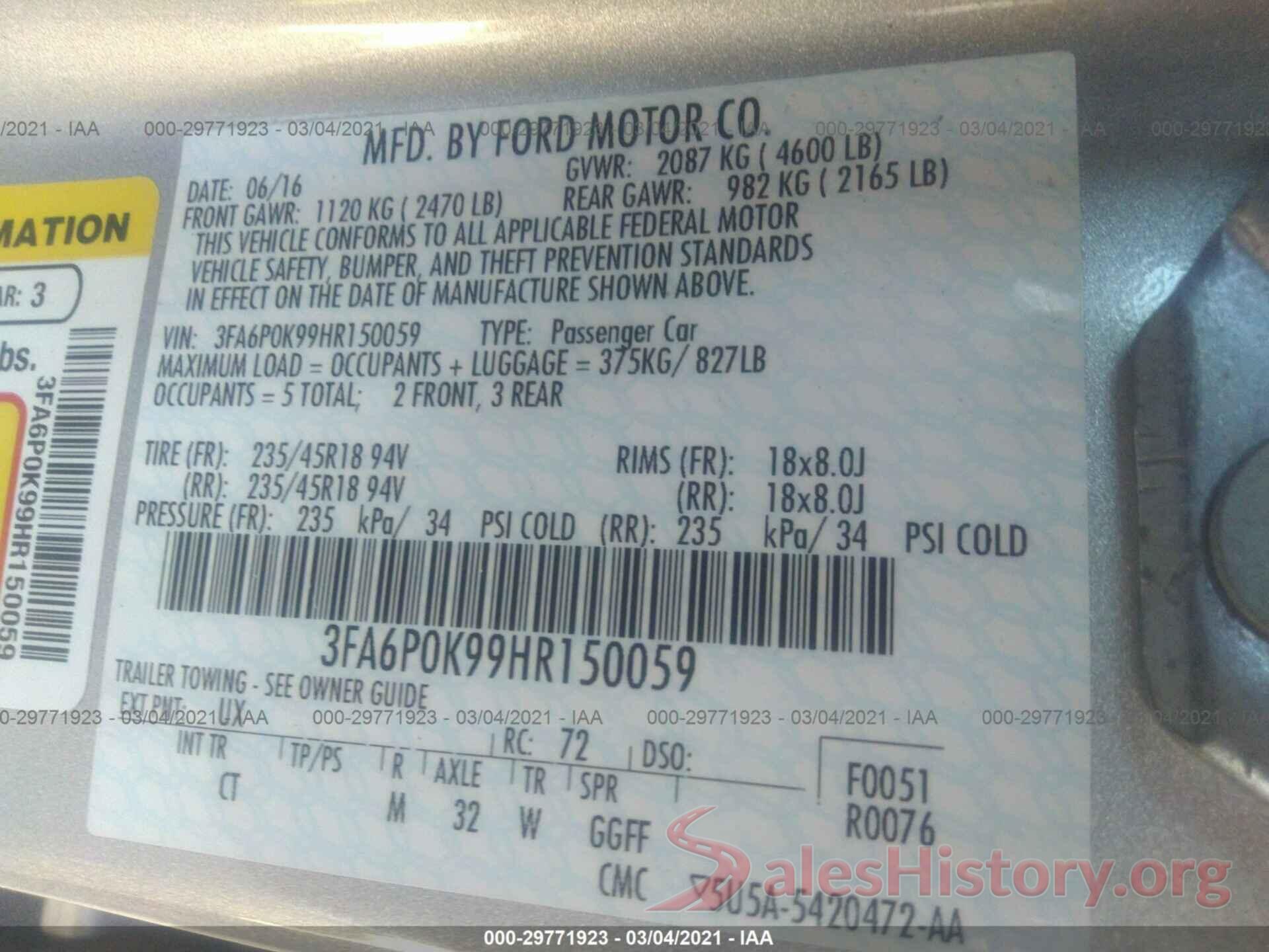 3FA6P0K99HR150059 2017 FORD FUSION