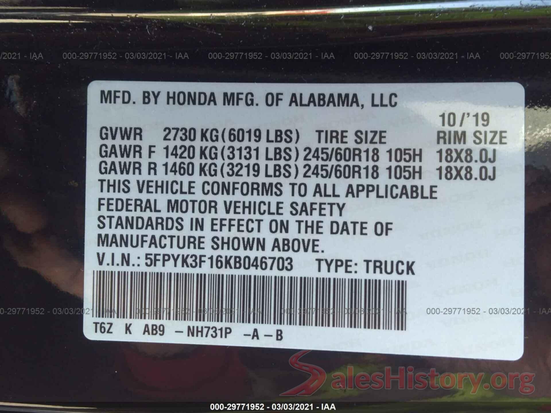 5FPYK3F16KB046703 2019 HONDA RIDGELINE