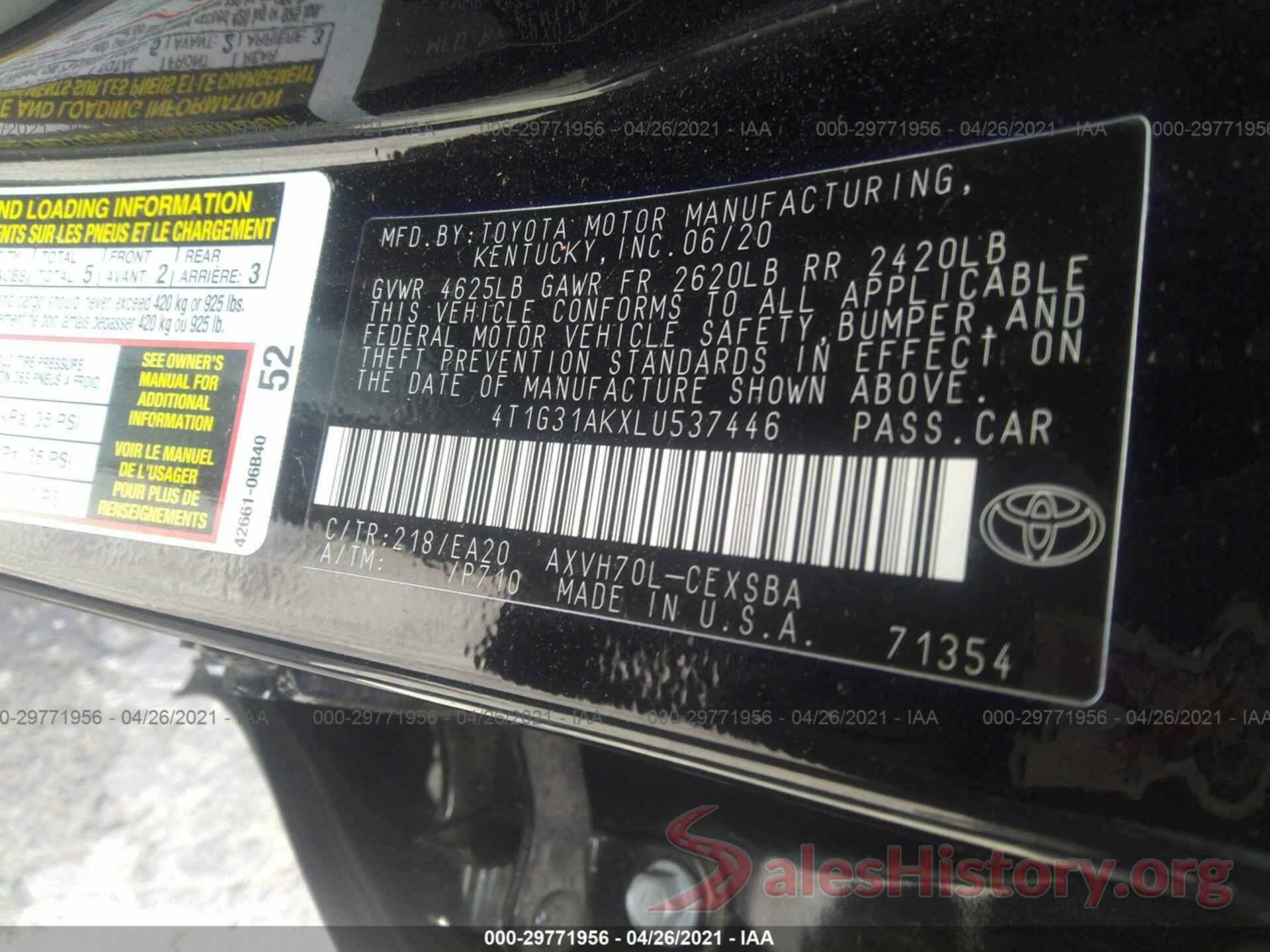 4T1G31AKXLU537446 2020 TOYOTA CAMRY