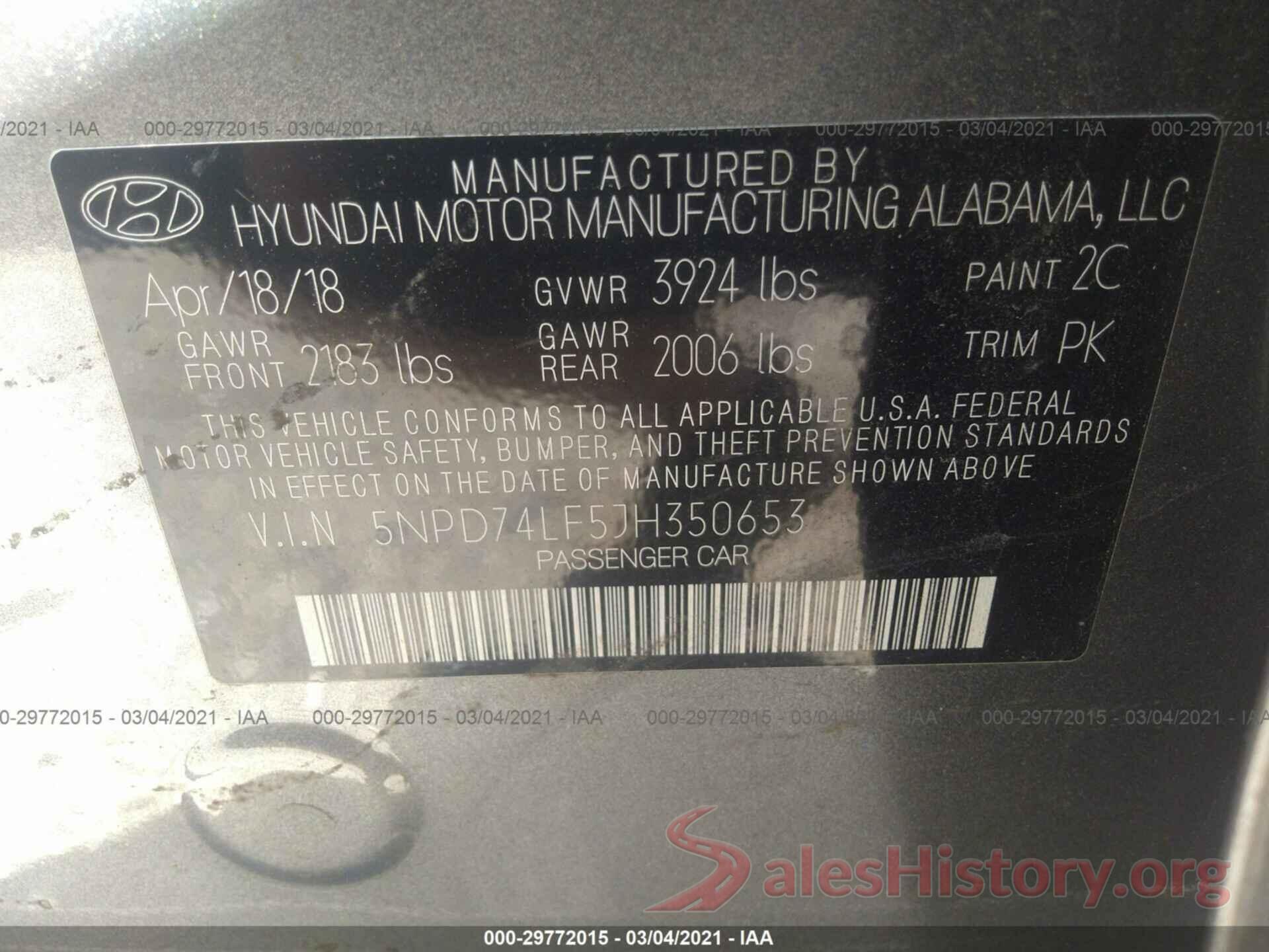 5NPD74LF5JH350653 2018 HYUNDAI ELANTRA