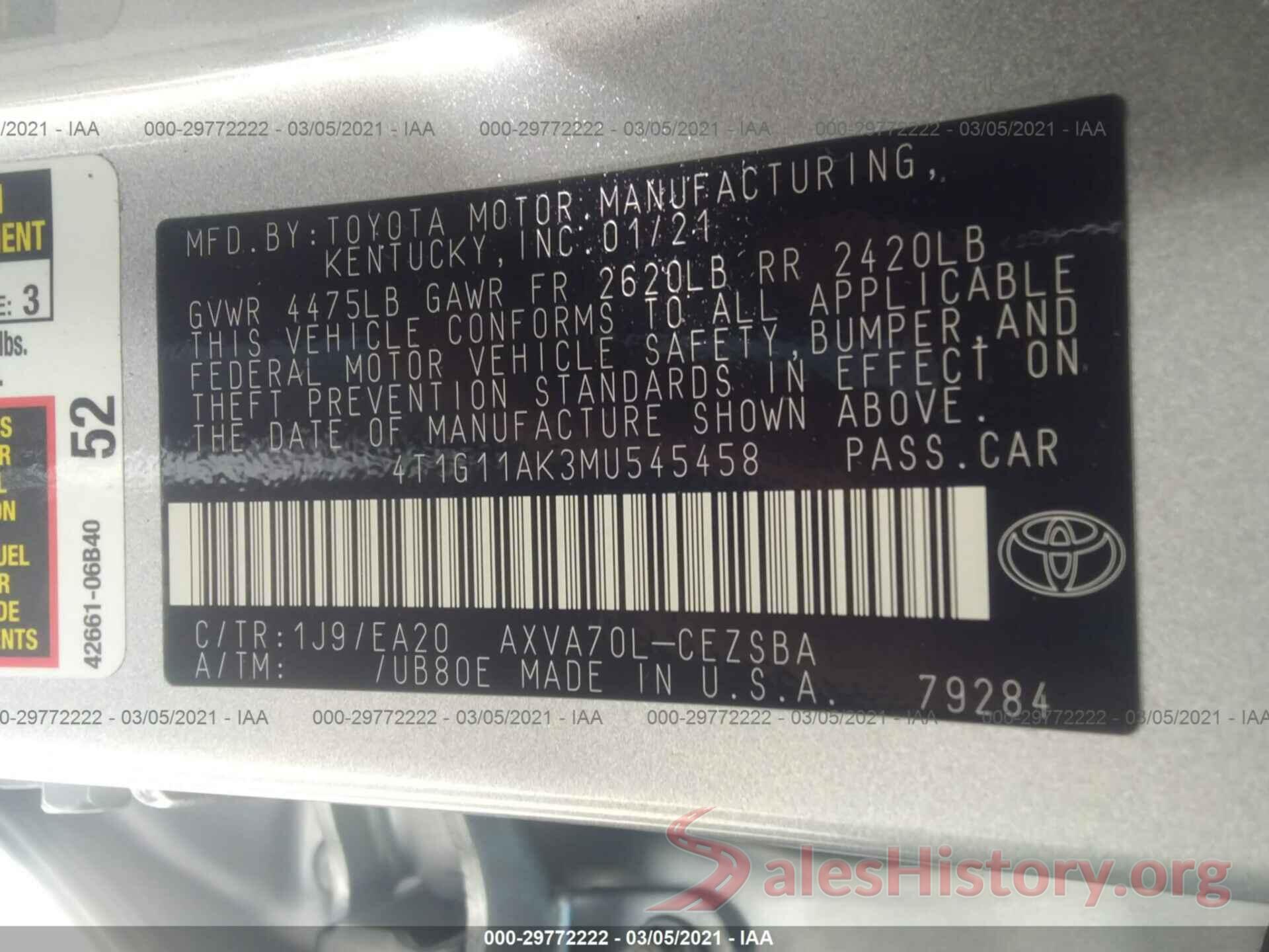 4T1G11AK3MU545458 2021 TOYOTA CAMRY