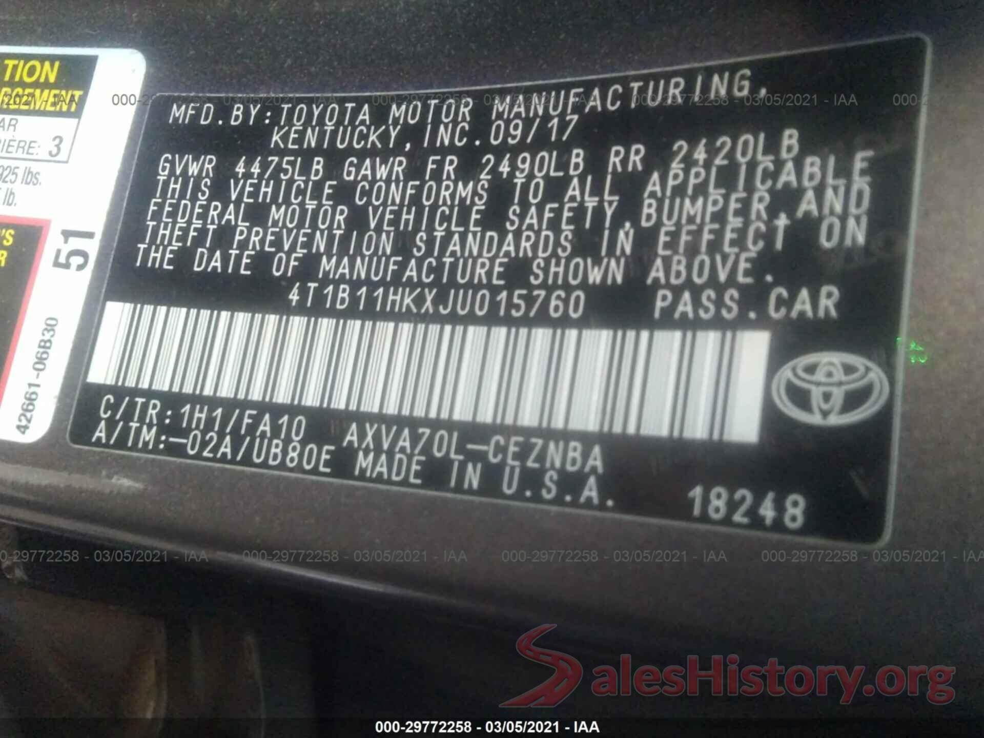 4T1B11HKXJU015760 2018 TOYOTA CAMRY