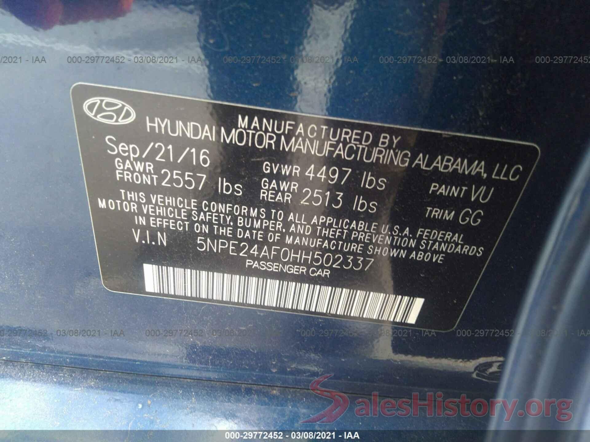 5NPE24AF0HH502337 2017 HYUNDAI SONATA