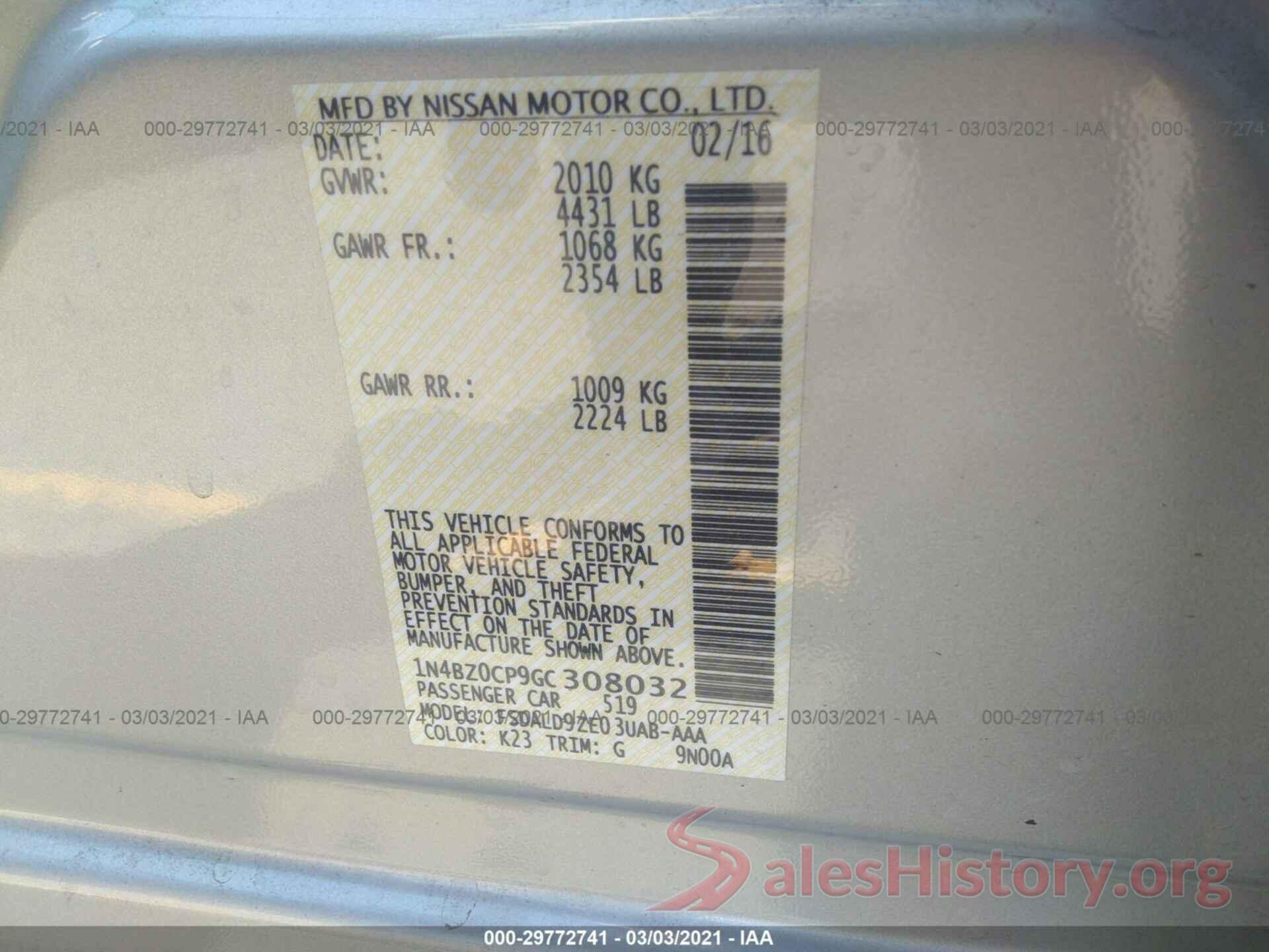 1N4BZ0CP9GC308032 2016 NISSAN LEAF