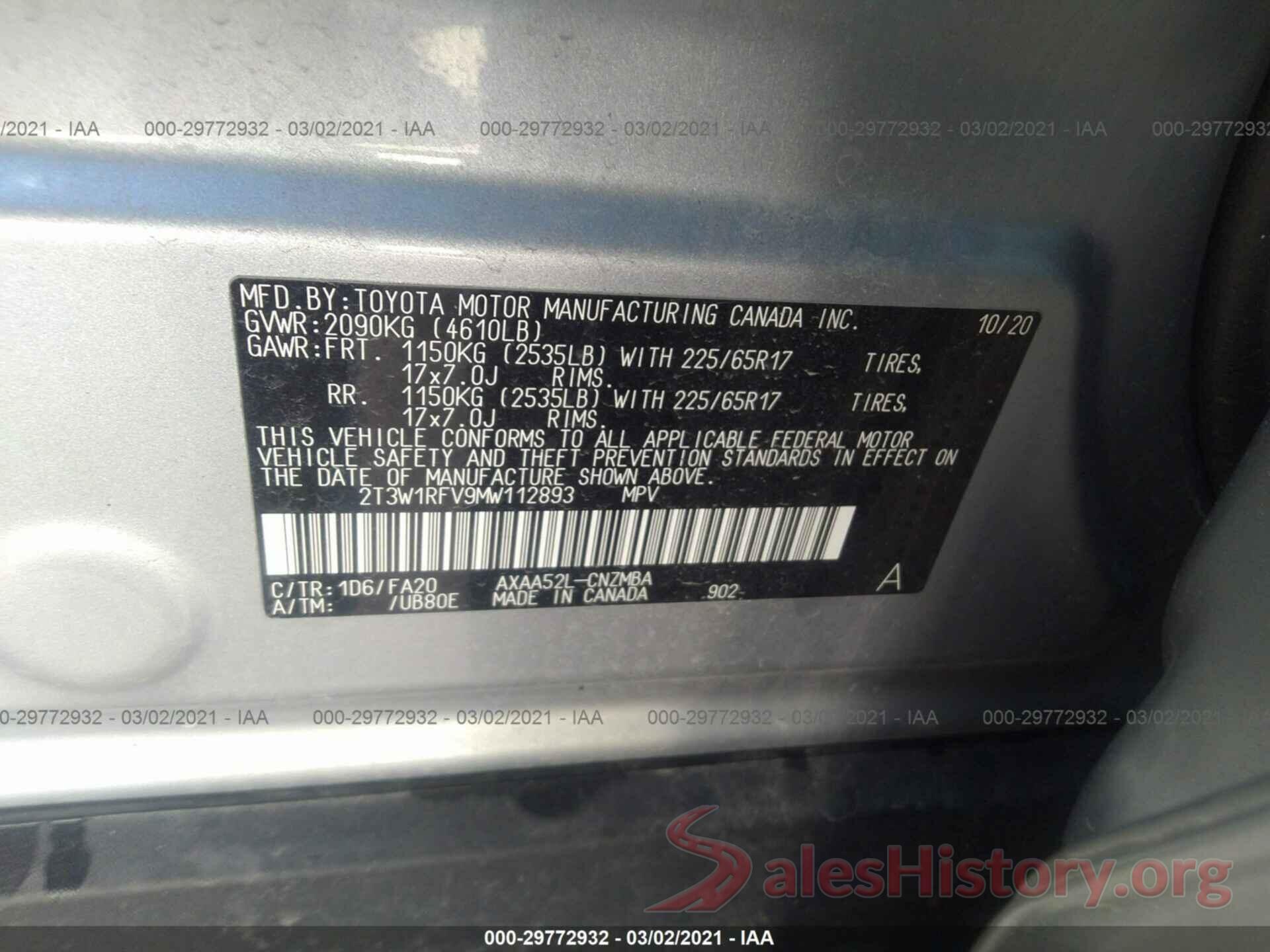 2T3W1RFV9MW112893 2021 TOYOTA RAV4