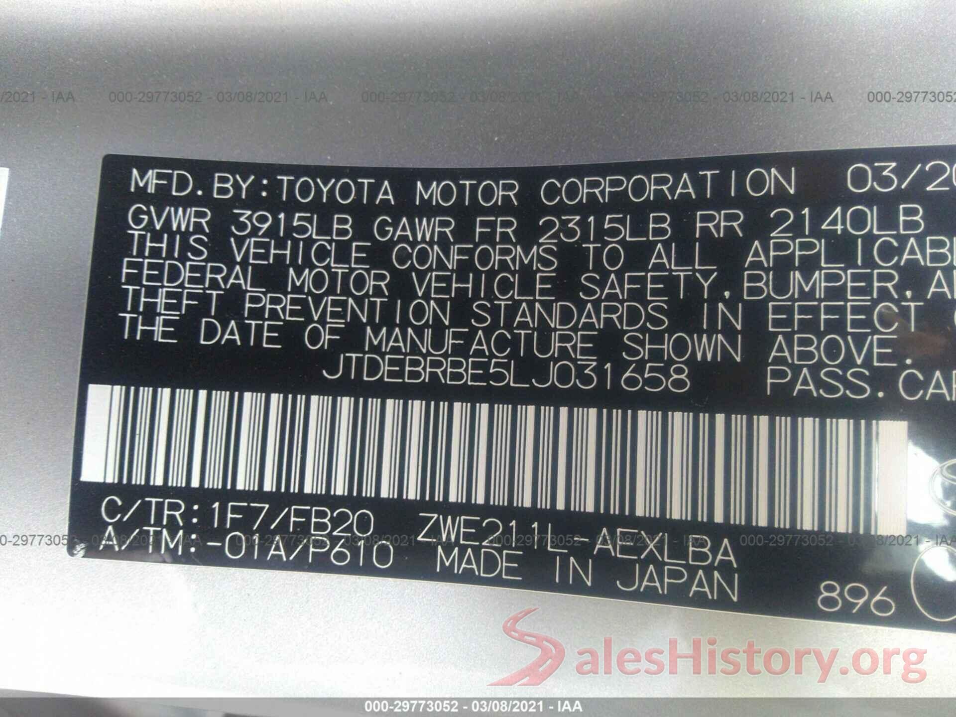 JTDEBRBE5LJ031658 2020 TOYOTA COROLLA