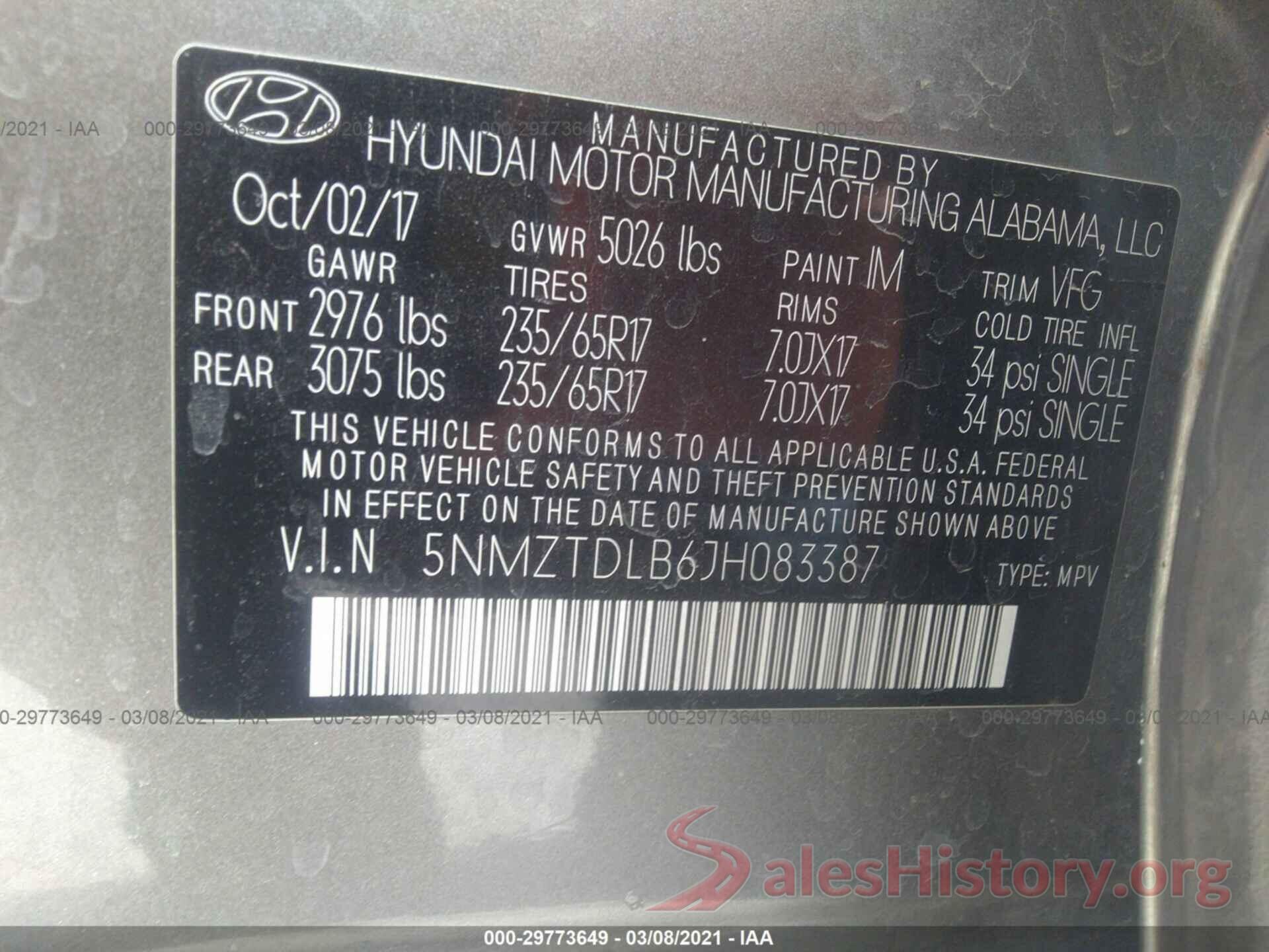 5NMZTDLB6JH083387 2018 HYUNDAI SANTA FE SPORT