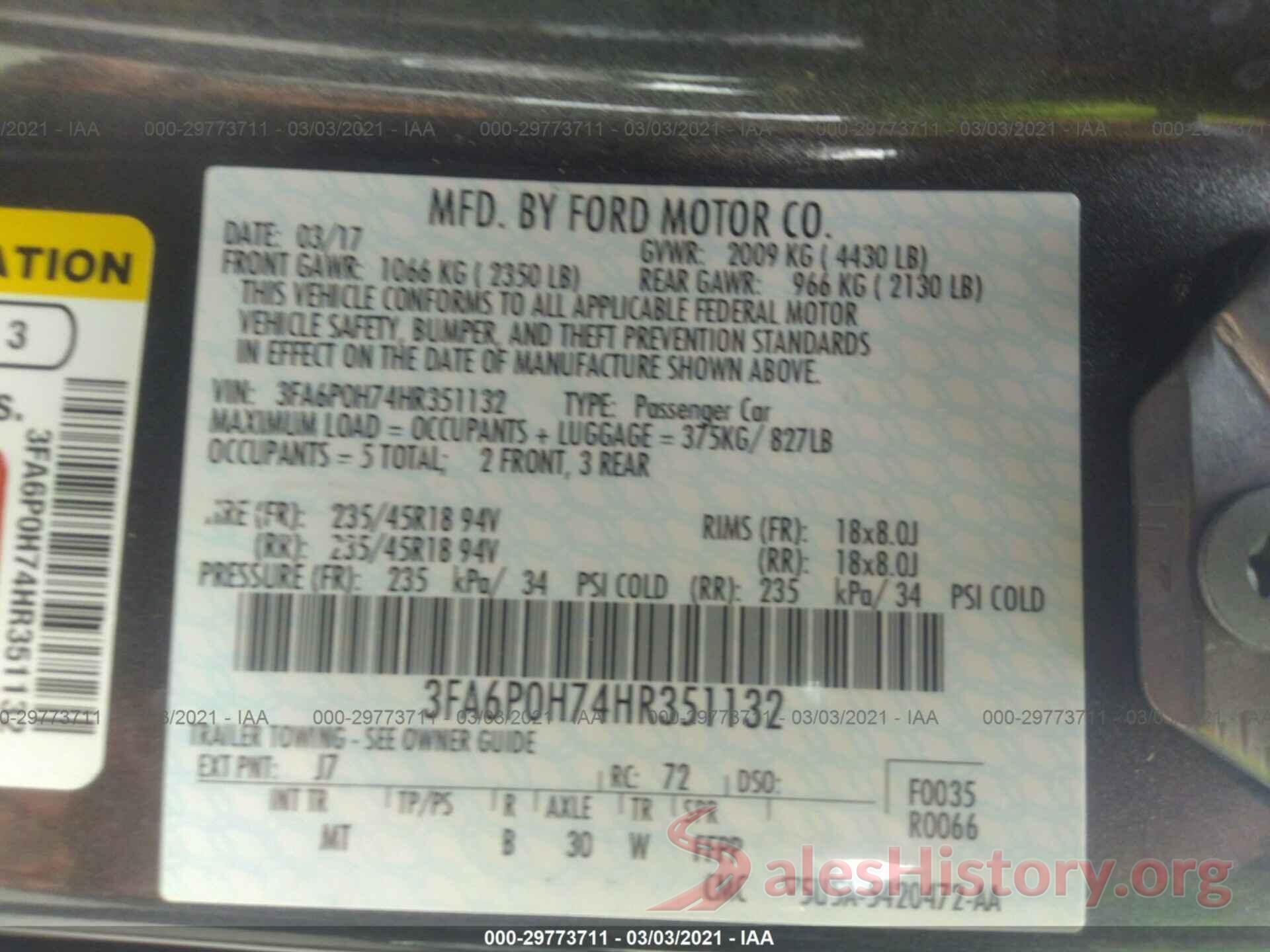 3FA6P0H74HR351132 2017 FORD FUSION