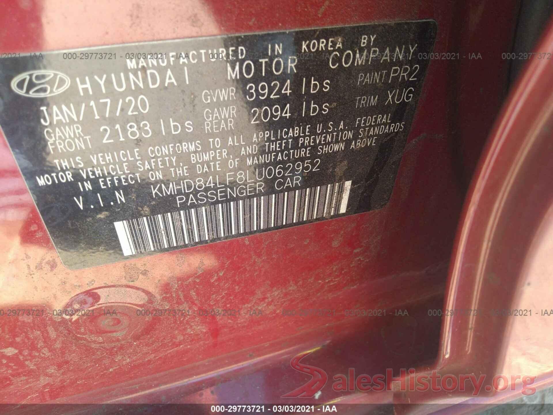 KMHD84LF8LU062952 2020 HYUNDAI ELANTRA