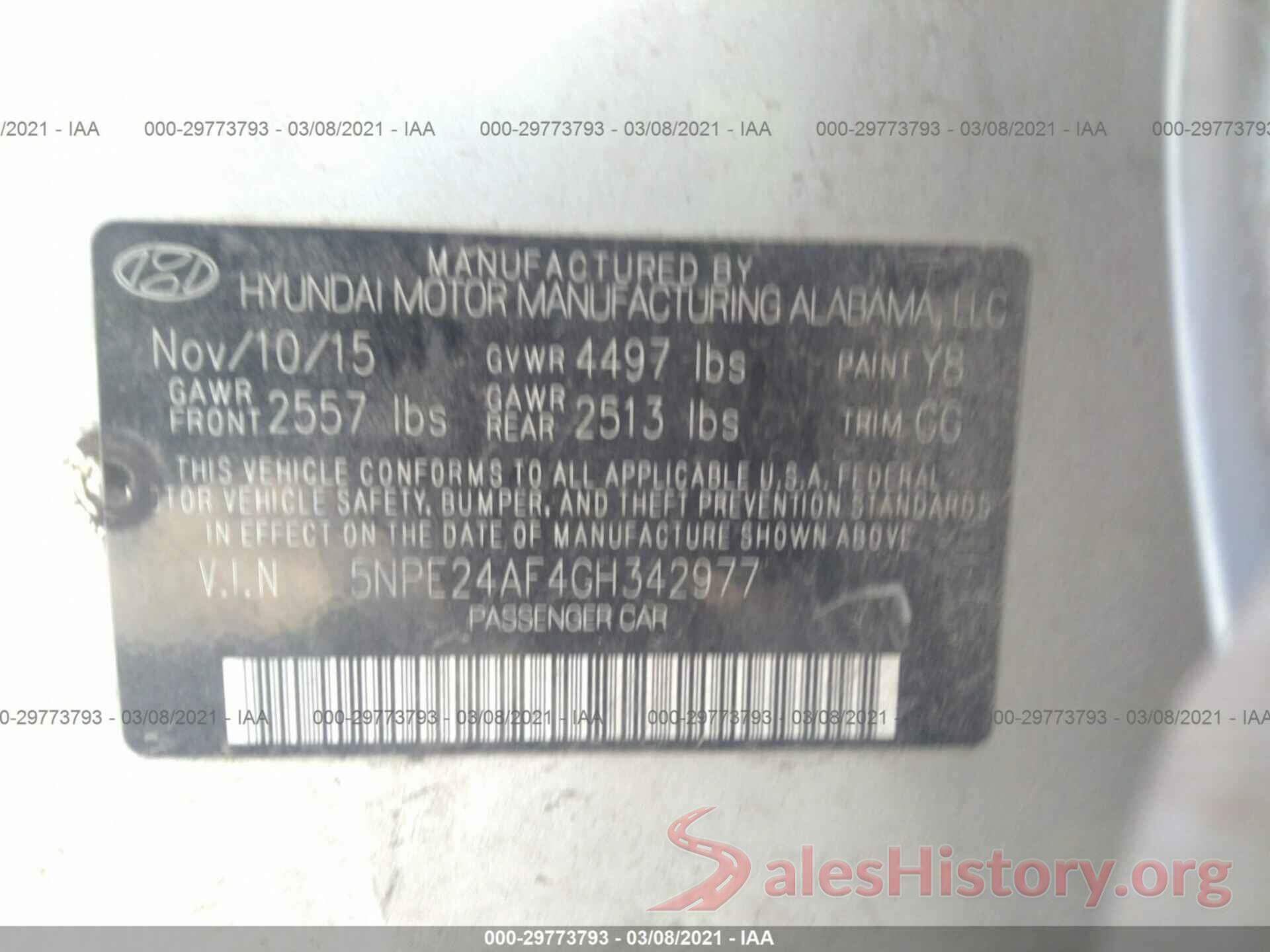 5NPE24AF4GH342977 2016 HYUNDAI SONATA