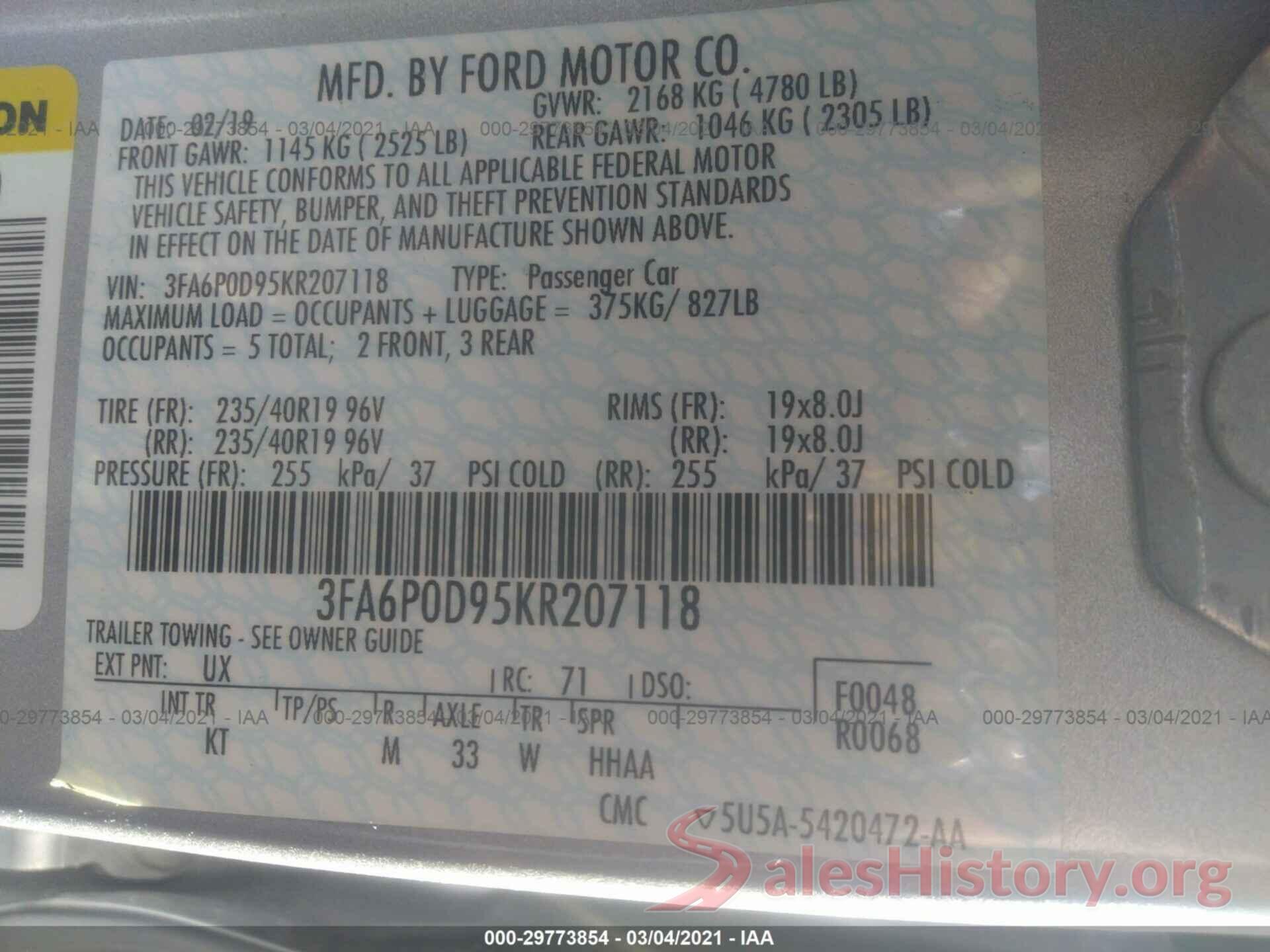 3FA6P0D95KR207118 2019 FORD FUSION