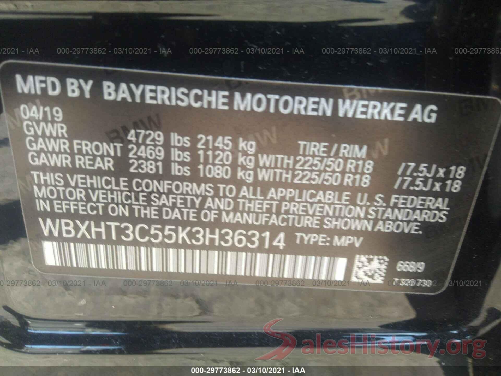 WBXHT3C55K3H36314 2019 BMW X1