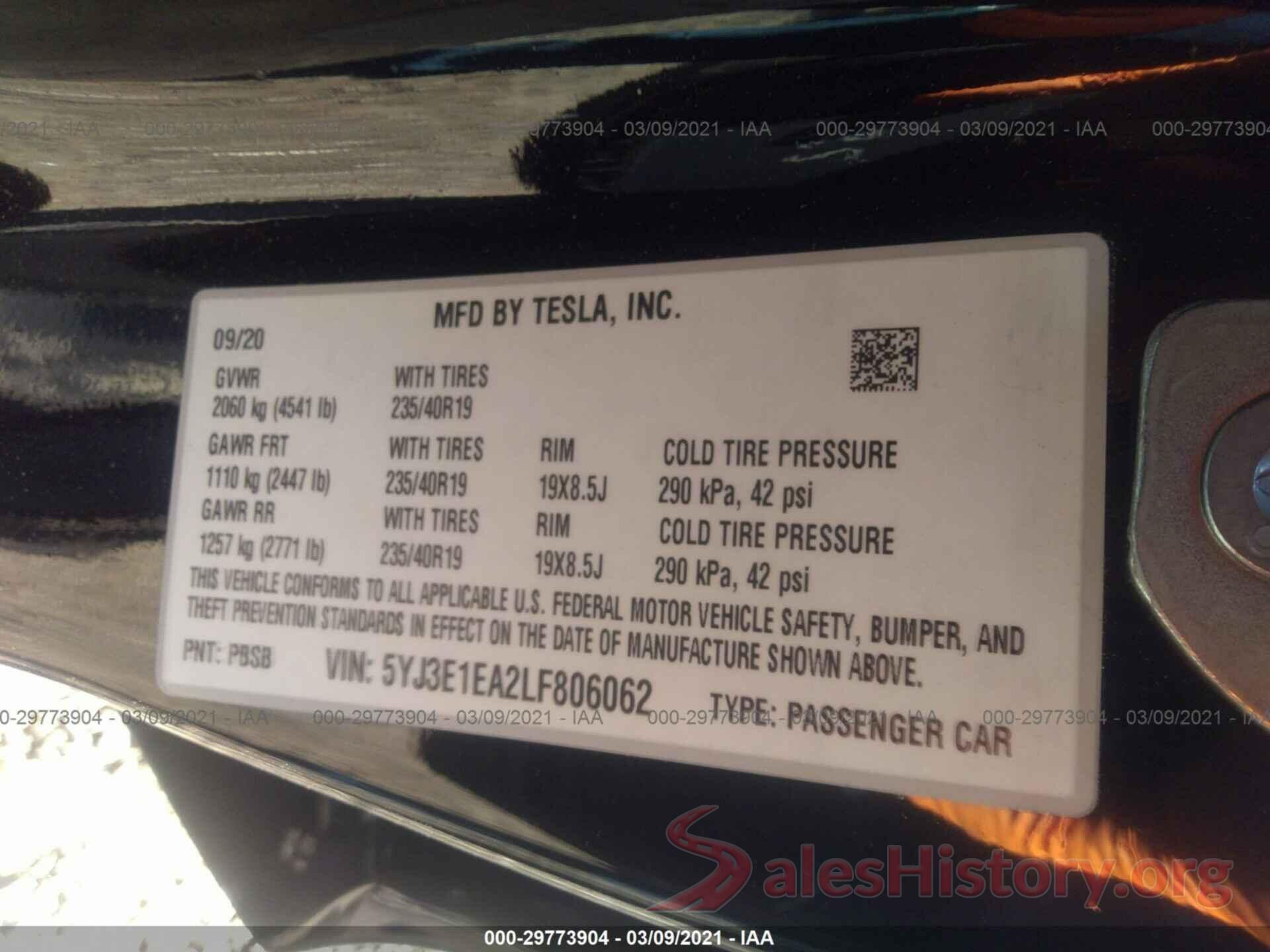 5YJ3E1EA2LF806062 2020 TESLA MODEL 3