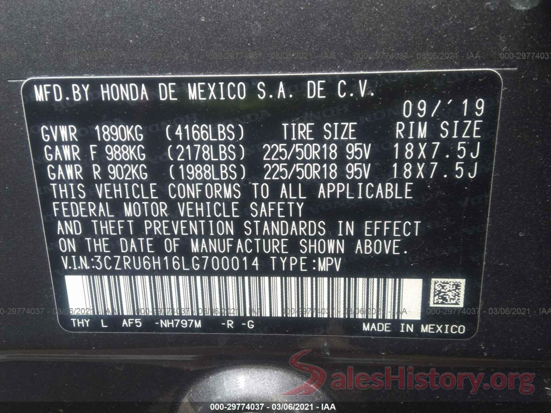 3CZRU6H16LG700014 2020 HONDA HR-V