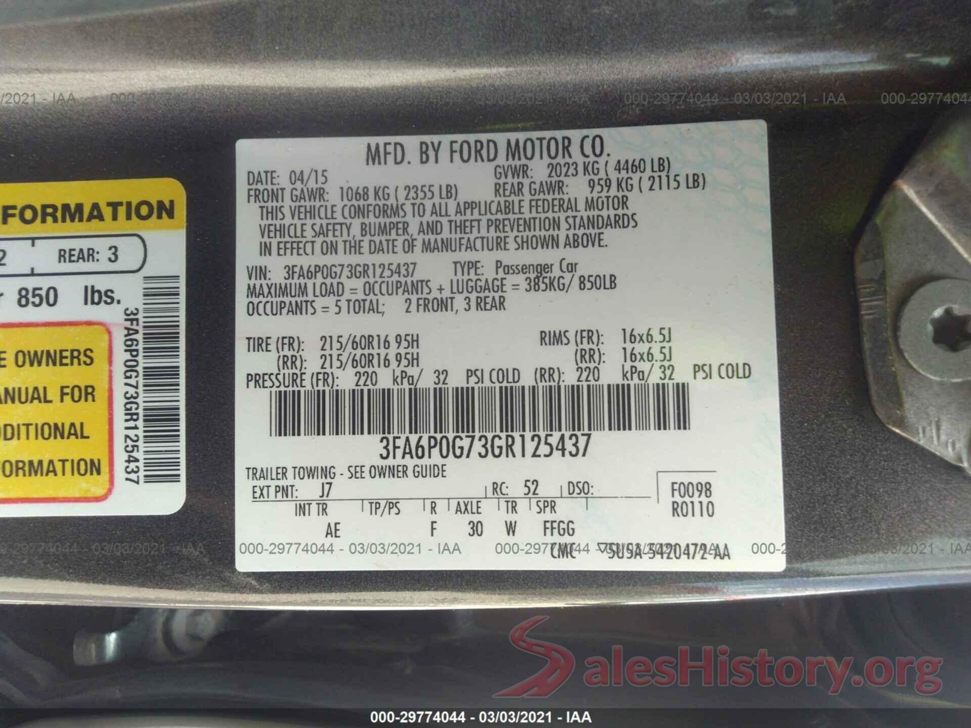 3FA6P0G73GR125437 2016 FORD FUSION