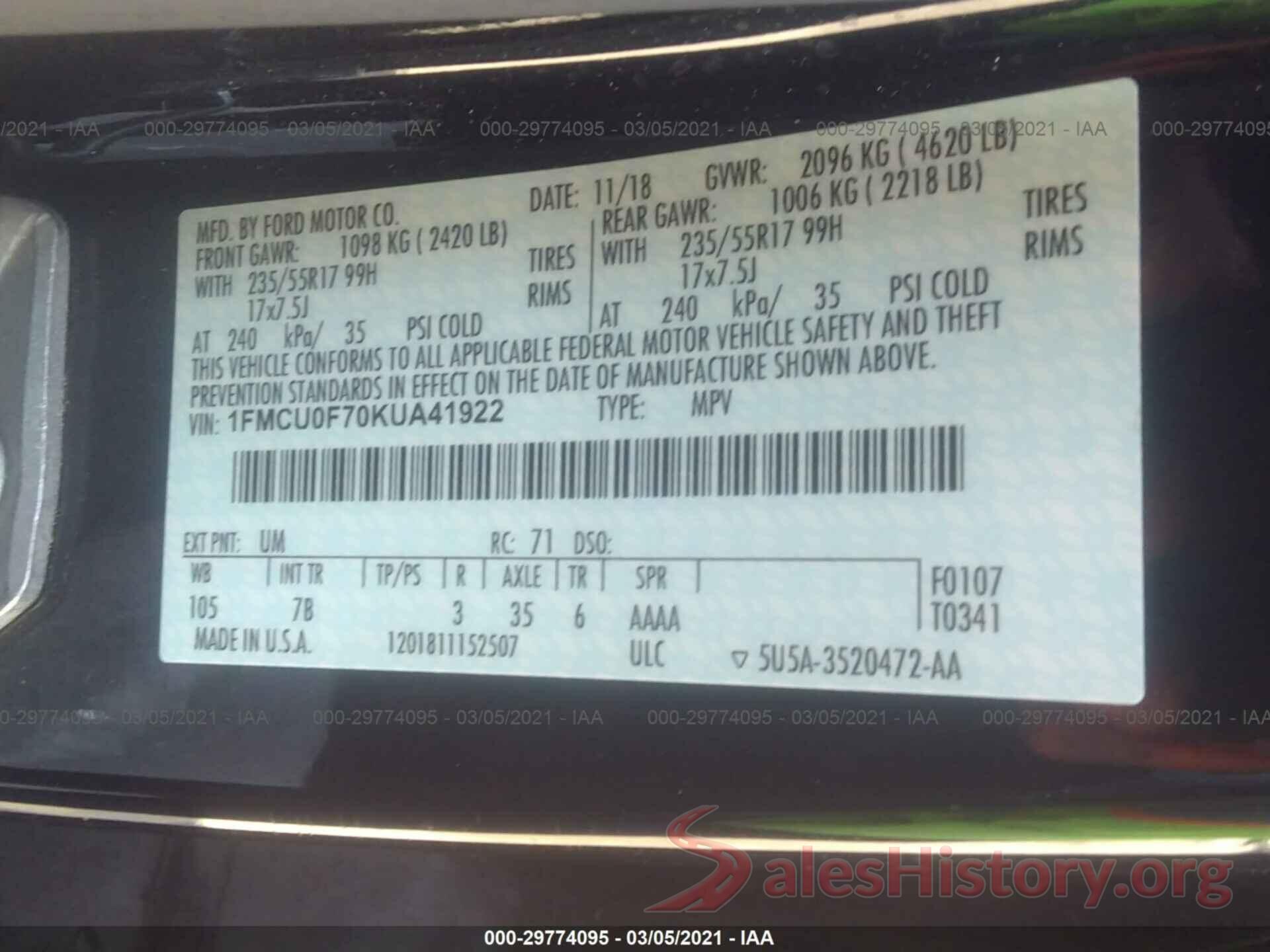 1FMCU0F70KUA41922 2019 FORD ESCAPE