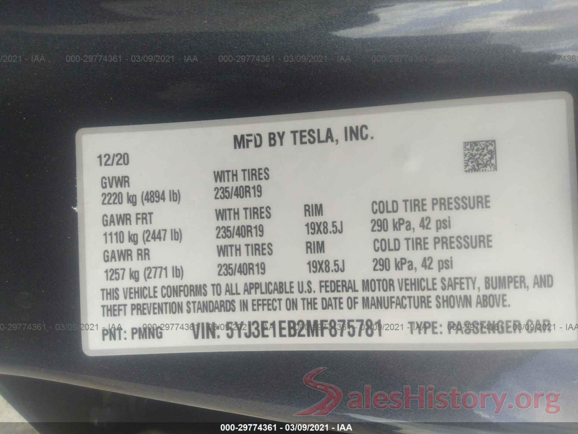 5YJ3E1EB2MF875781 2021 TESLA MODEL 3