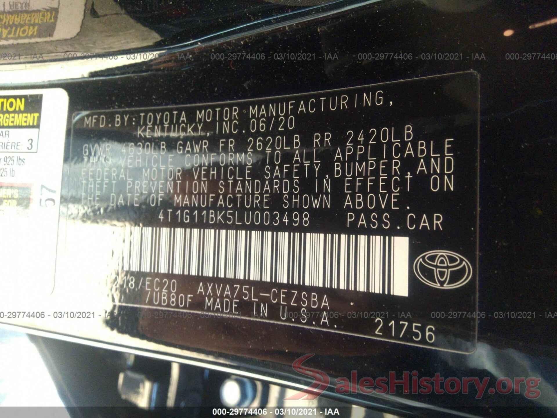 4T1G11BK5LU003498 2020 TOYOTA CAMRY