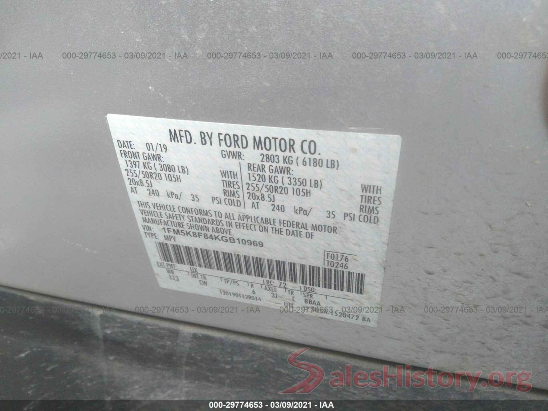 1FM5K8F84KGB10969 2019 FORD EXPLORER