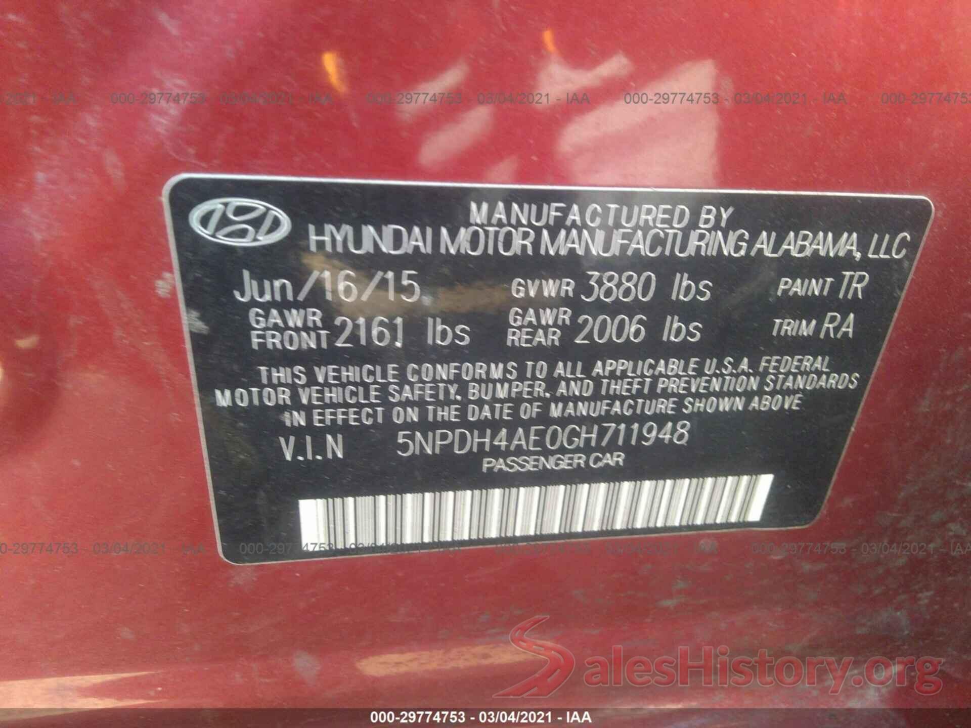 5NPDH4AE0GH711948 2016 HYUNDAI ELANTRA