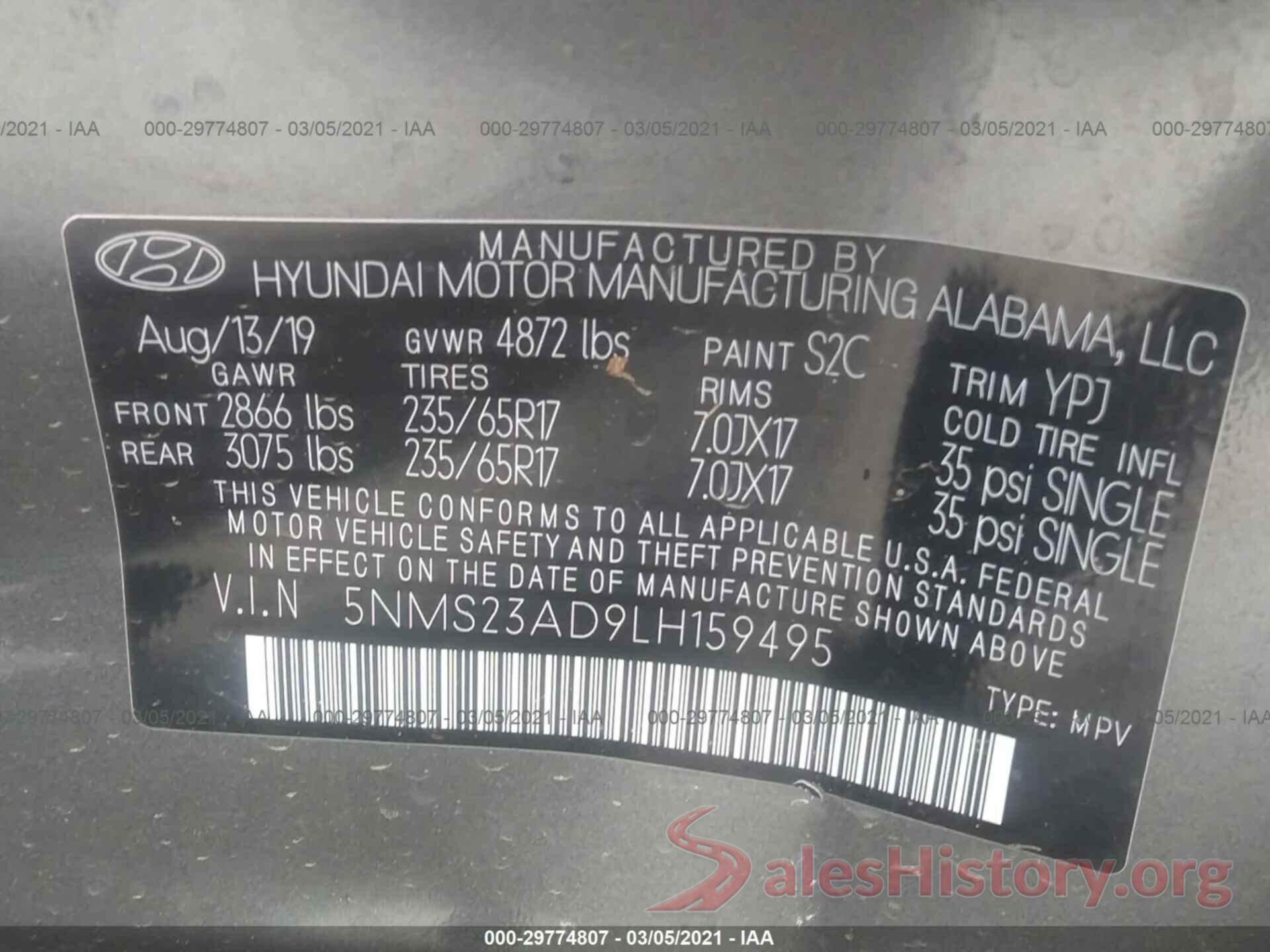 5NMS23AD9LH159495 2020 HYUNDAI SANTA FE