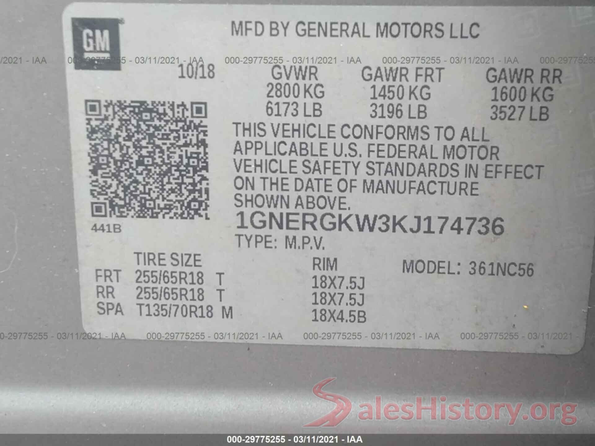 1GNERGKW3KJ174736 2019 CHEVROLET TRAVERSE