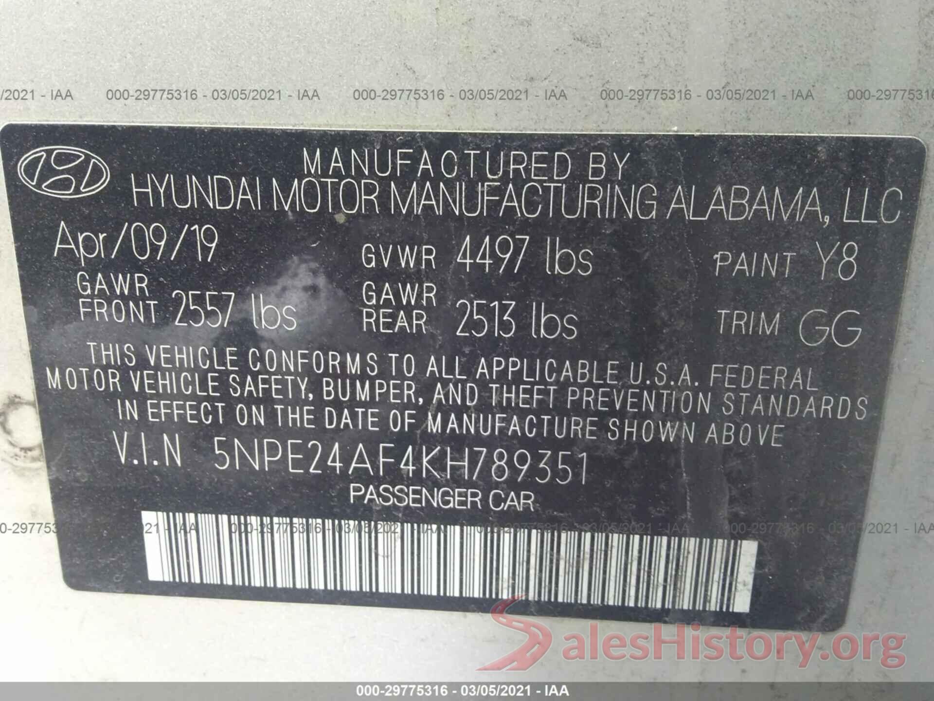 5NPE24AF4KH789351 2019 HYUNDAI SONATA