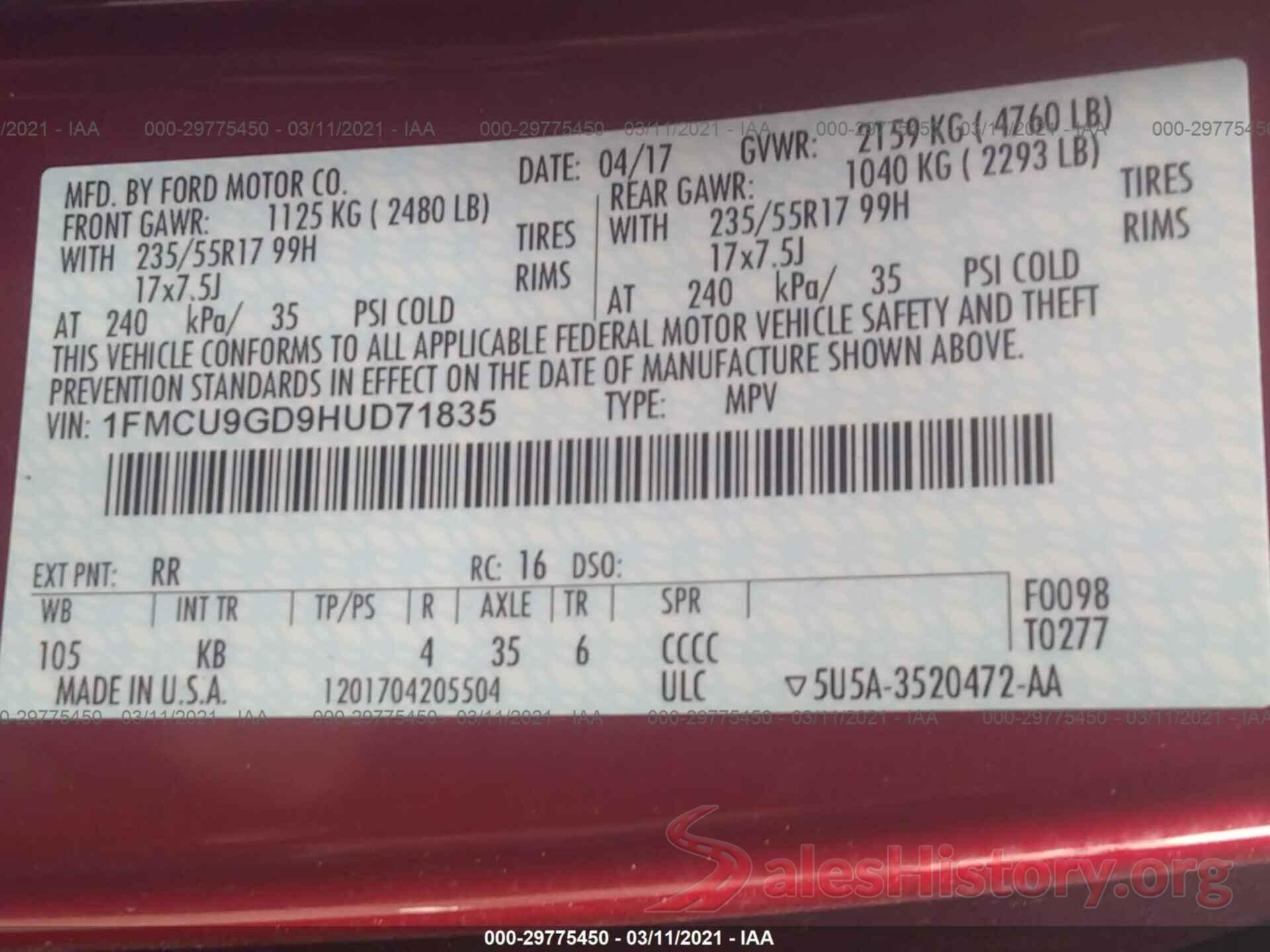 1FMCU9GD9HUD71835 2017 FORD ESCAPE