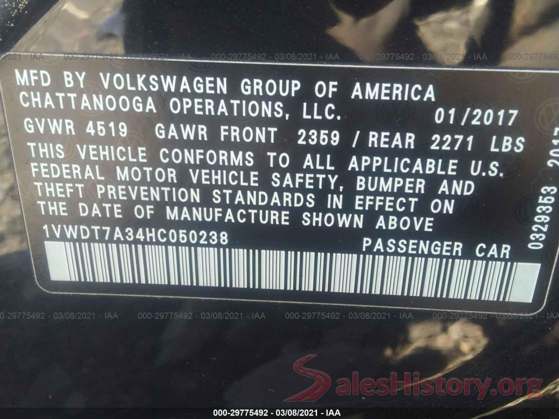 1VWDT7A34HC050238 2017 VOLKSWAGEN PASSAT