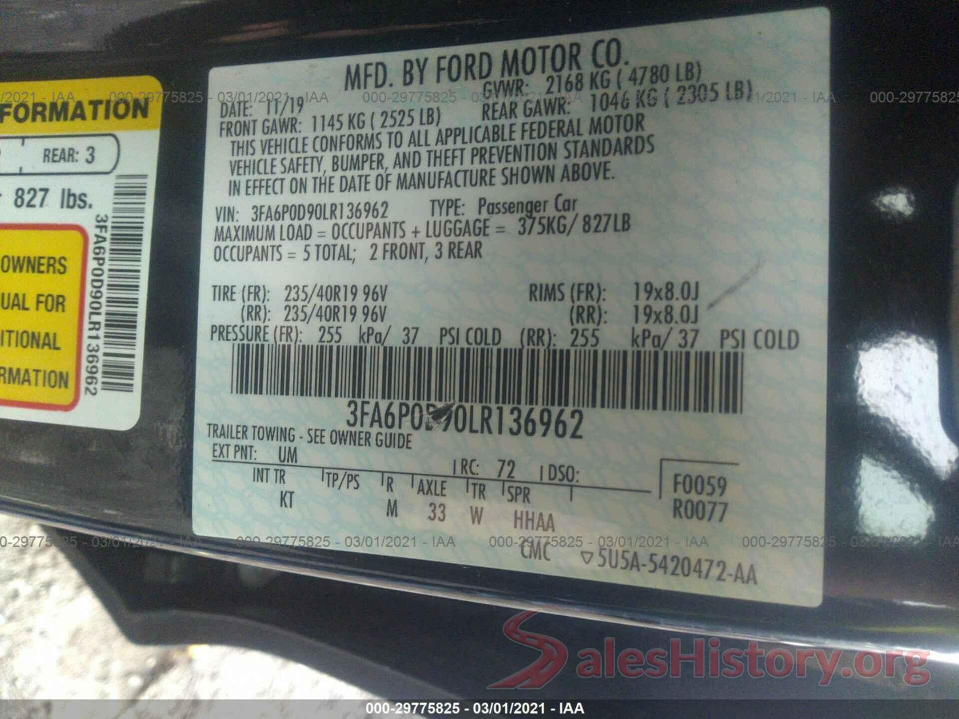 3FA6P0D90LR136962 2020 FORD FUSION