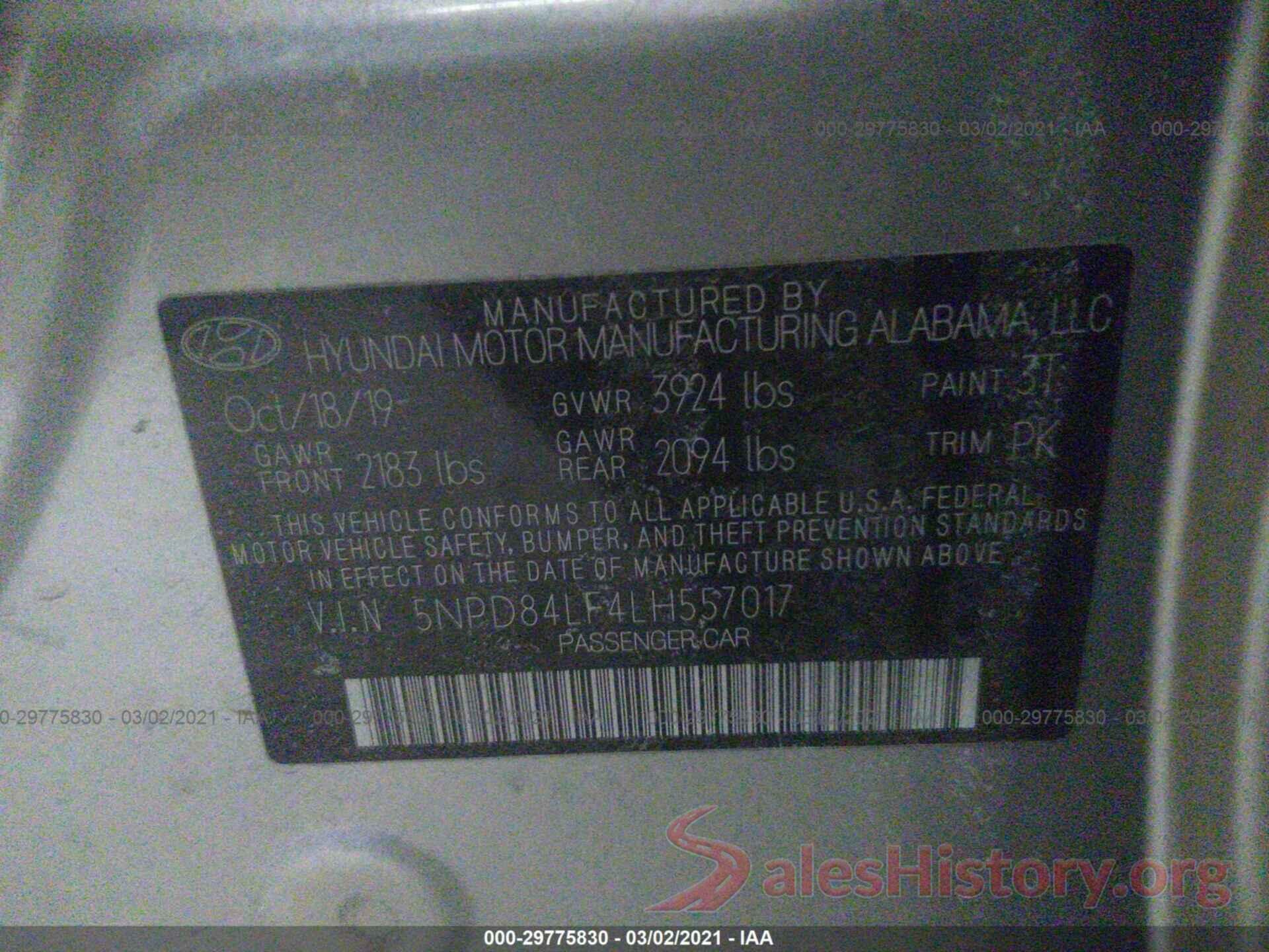 5NPD84LF4LH557017 2020 HYUNDAI ELANTRA