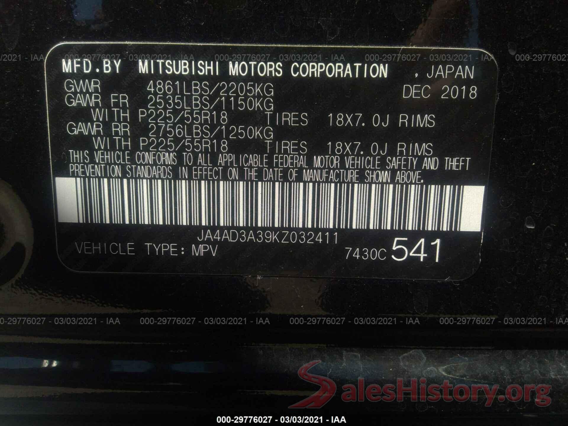 JA4AD3A39KZ032411 2019 MITSUBISHI OUTLANDER