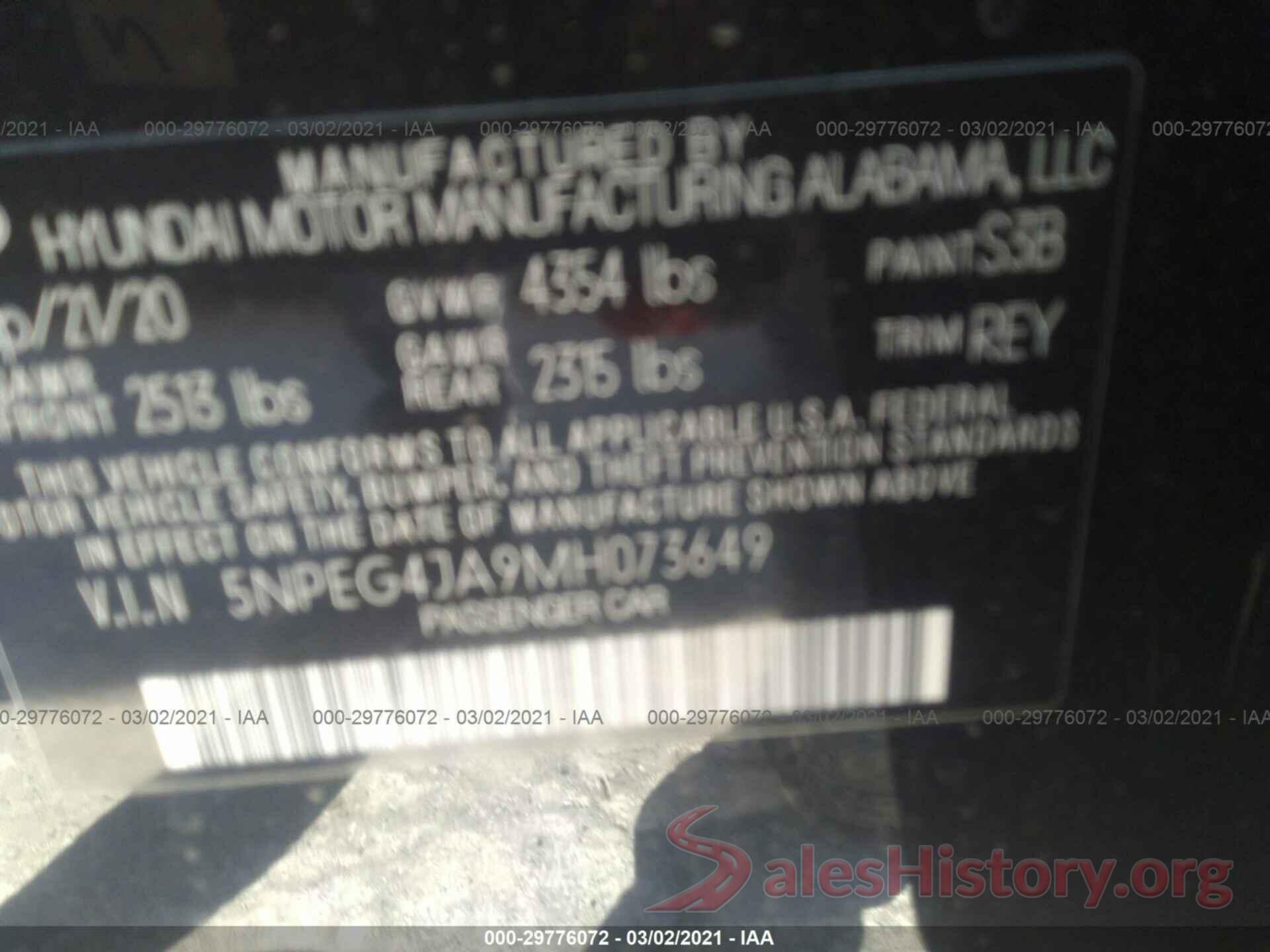 5NPEG4JA9MH073649 2021 HYUNDAI SONATA