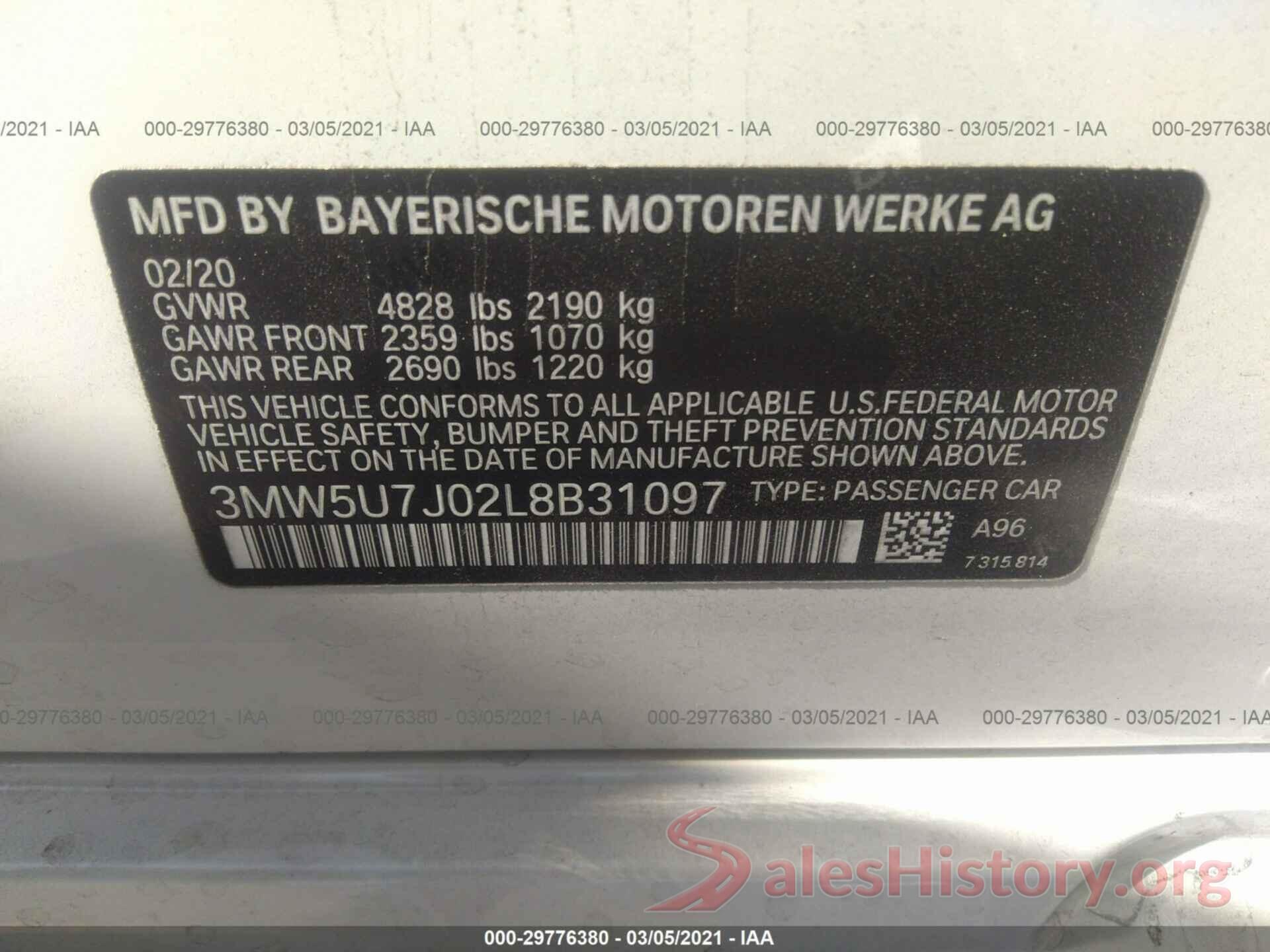 3MW5U7J02L8B31097 2020 BMW 3 SERIES