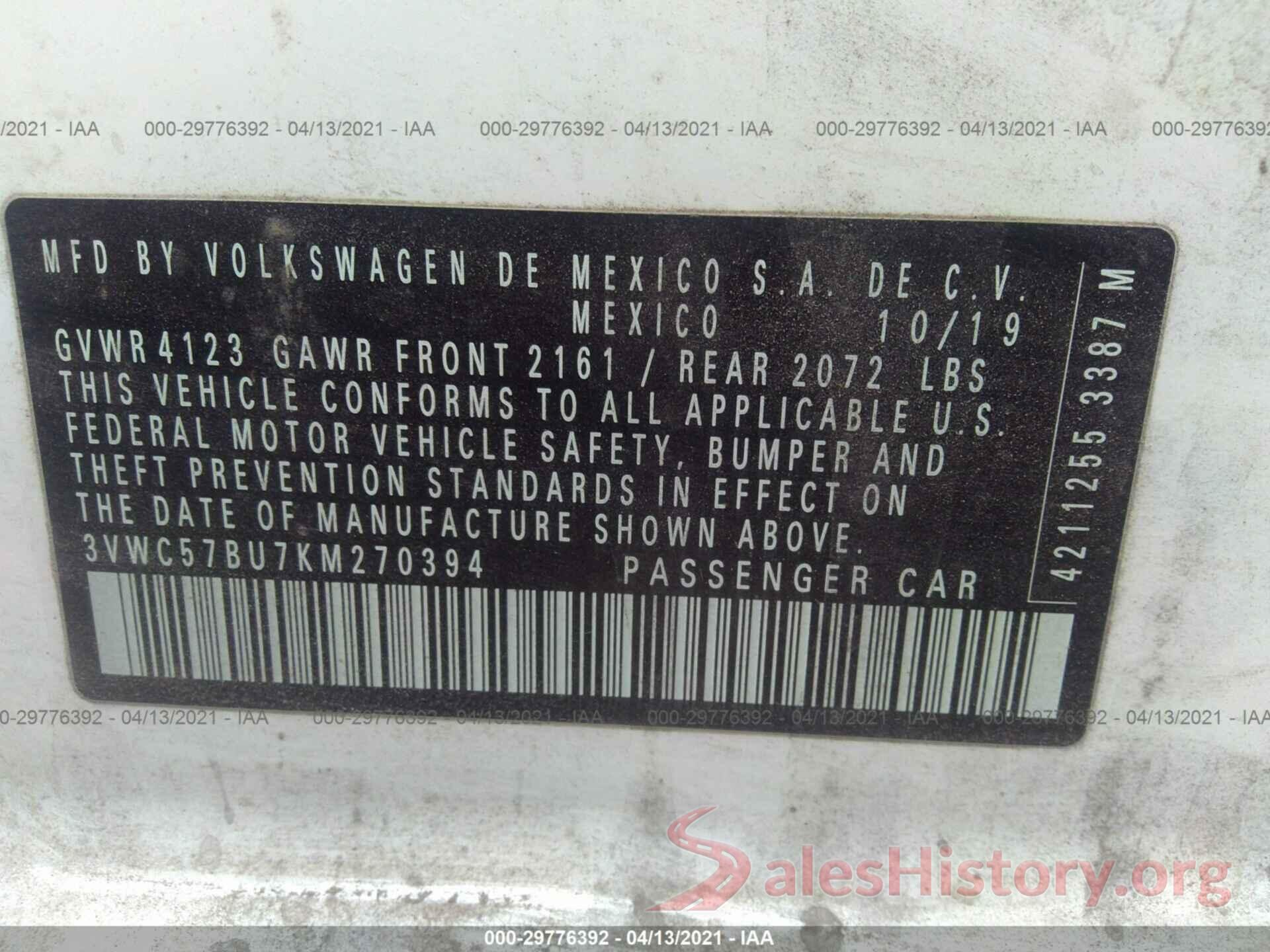 3VWC57BU7KM270394 2019 VOLKSWAGEN JETTA